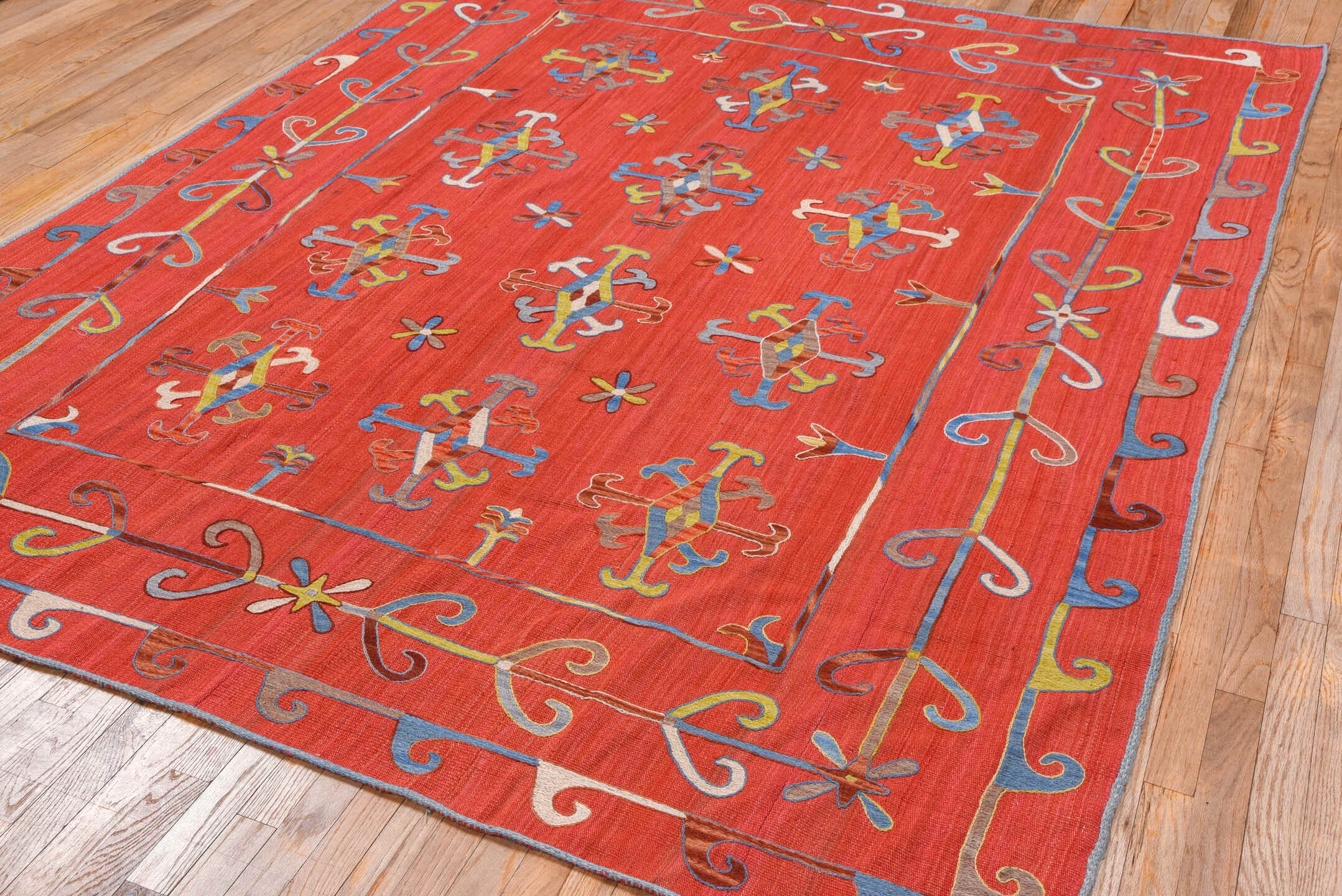 7' x 8' one-of-a-kind handmade vintage Kilim rug. Color palette: coral, sky blue, ivory, gold, rose, taupe, terracotta