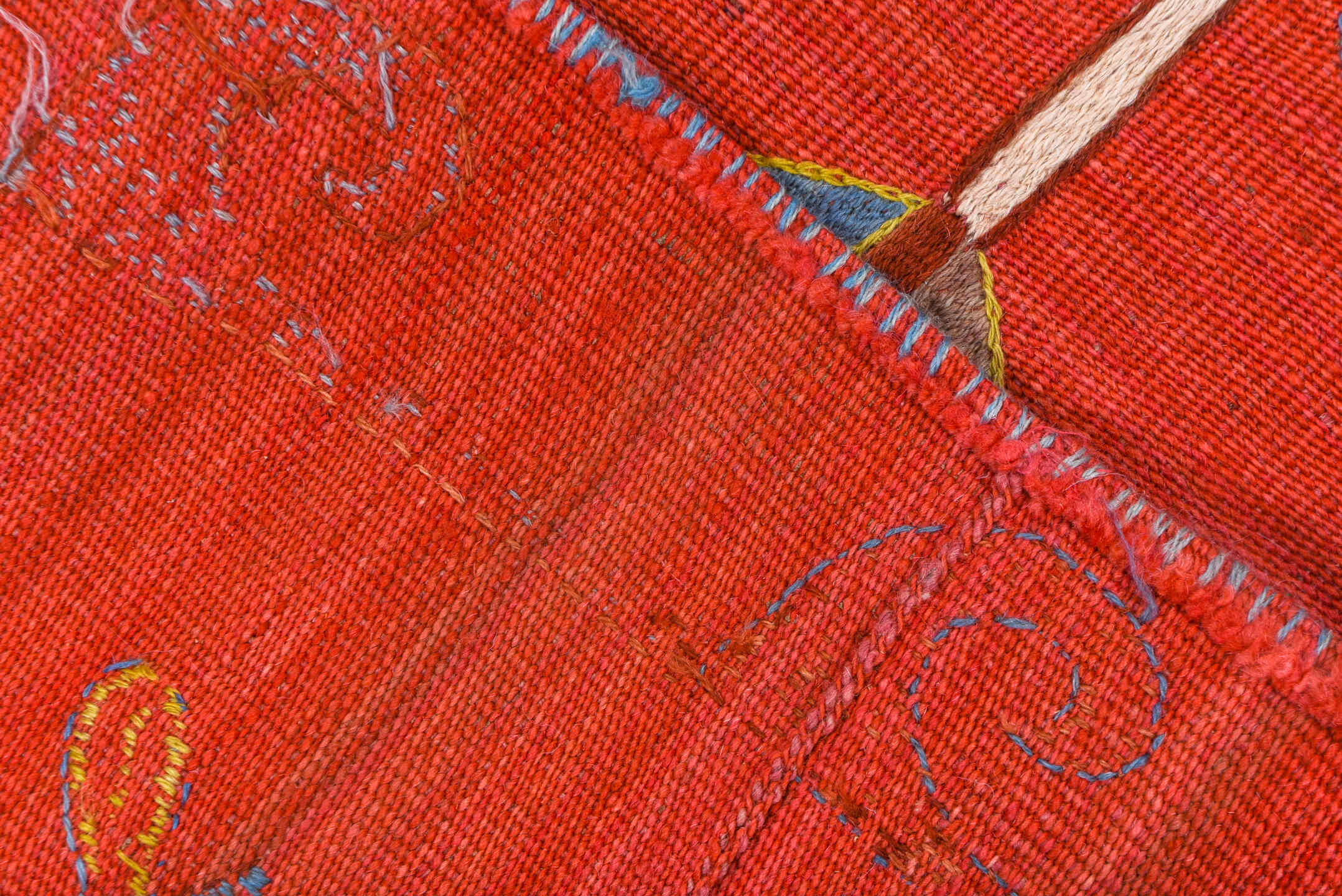 7' x 8' one-of-a-kind handmade vintage Kilim rug. Color palette: coral, sky blue, ivory, gold, rose, taupe, terracotta