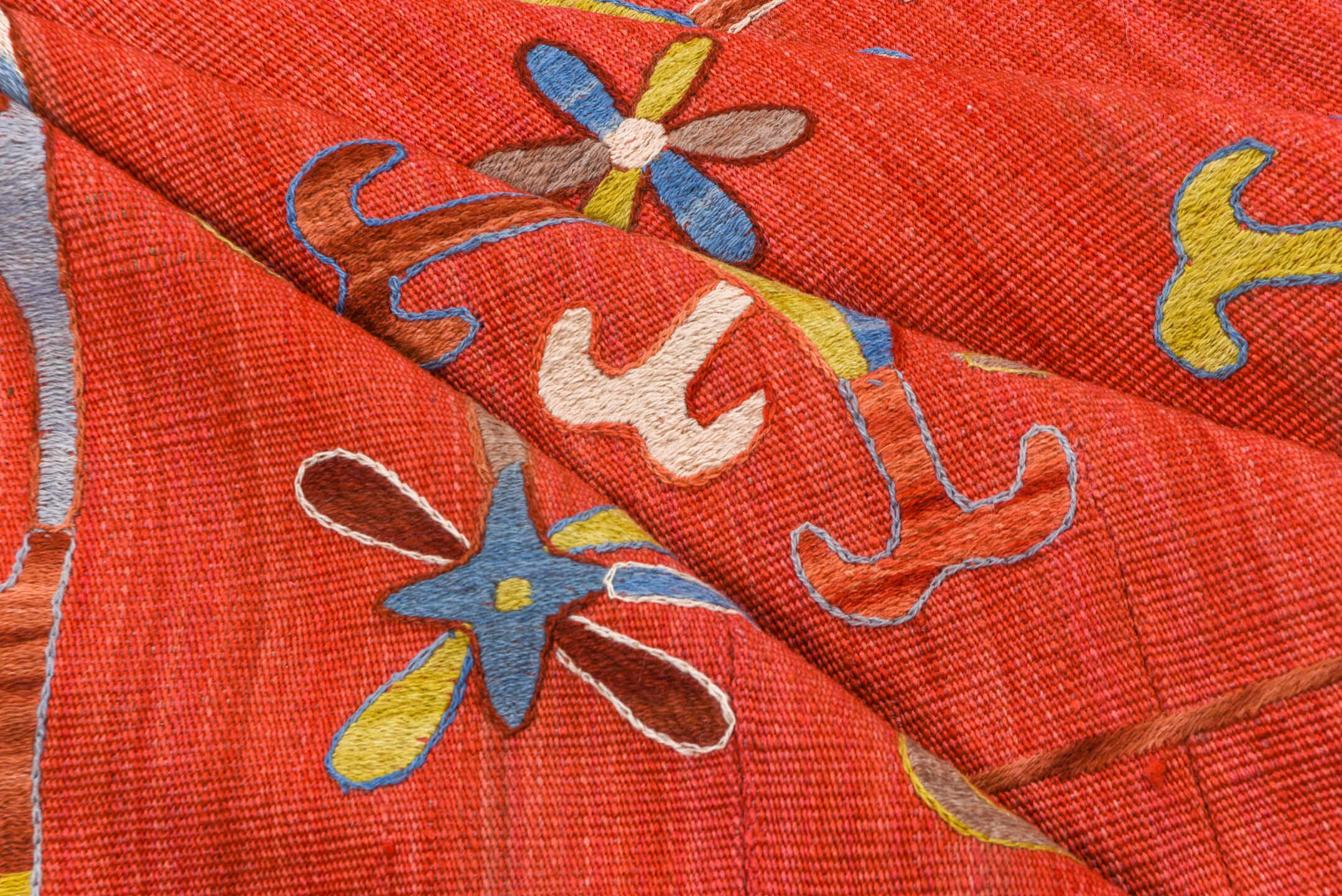 7' x 8' one-of-a-kind handmade vintage Kilim rug. Color palette: coral, sky blue, ivory, gold, rose, taupe, terracotta
