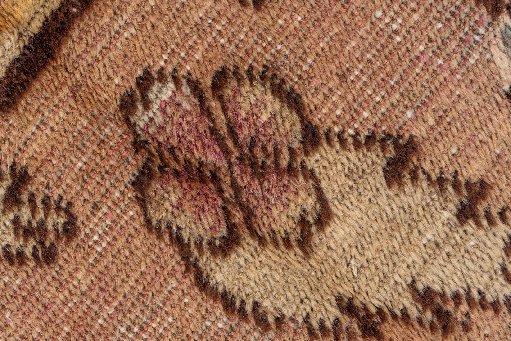 4' x 6' one-of-a-kind handmade antique Khotan small size rug. Color palette: camel, brown, ivory, rose, pale blue, gold