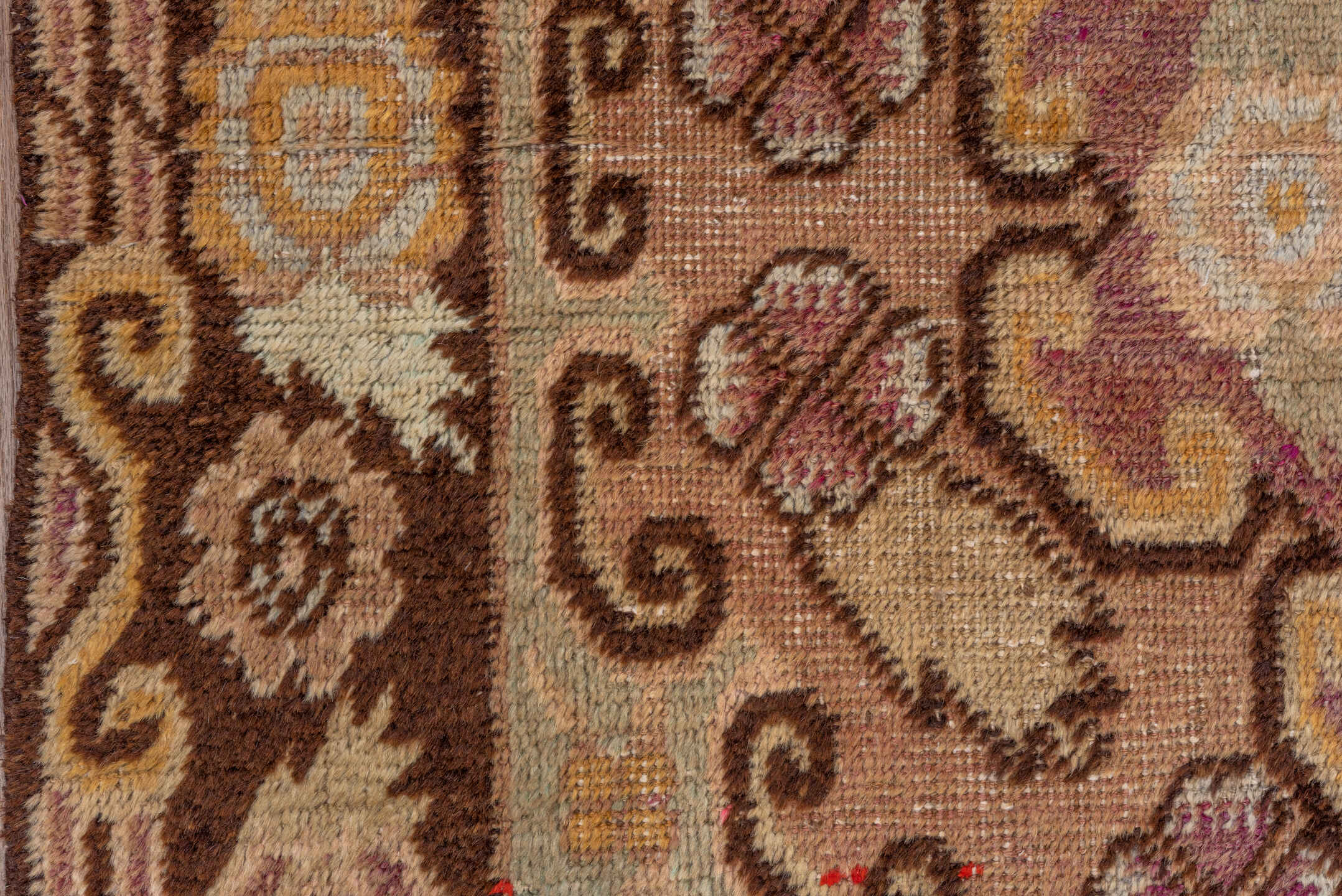 4' x 6' one-of-a-kind handmade antique Khotan small size rug. Color palette: camel, brown, ivory, rose, pale blue, gold