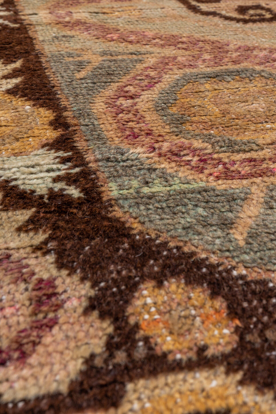 4' x 6' one-of-a-kind handmade antique Khotan small size rug. Color palette: camel, brown, ivory, rose, pale blue, gold