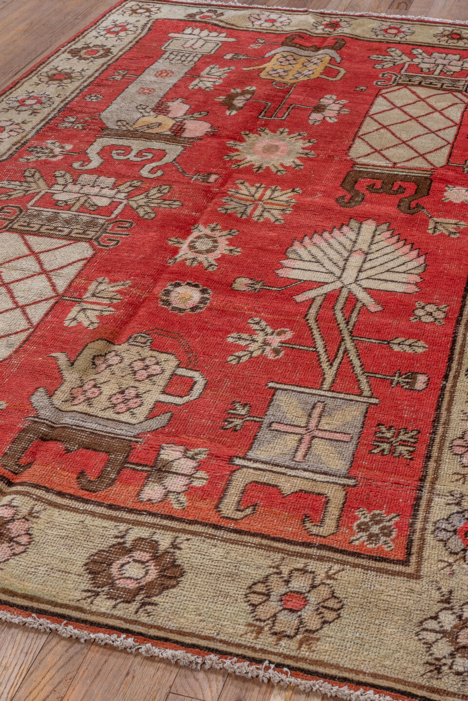 4' x 7' one-of-a-kind handmade vintage Khotan rug. Color palette: brown, fire brick, gray, indian red, light gray, off-white