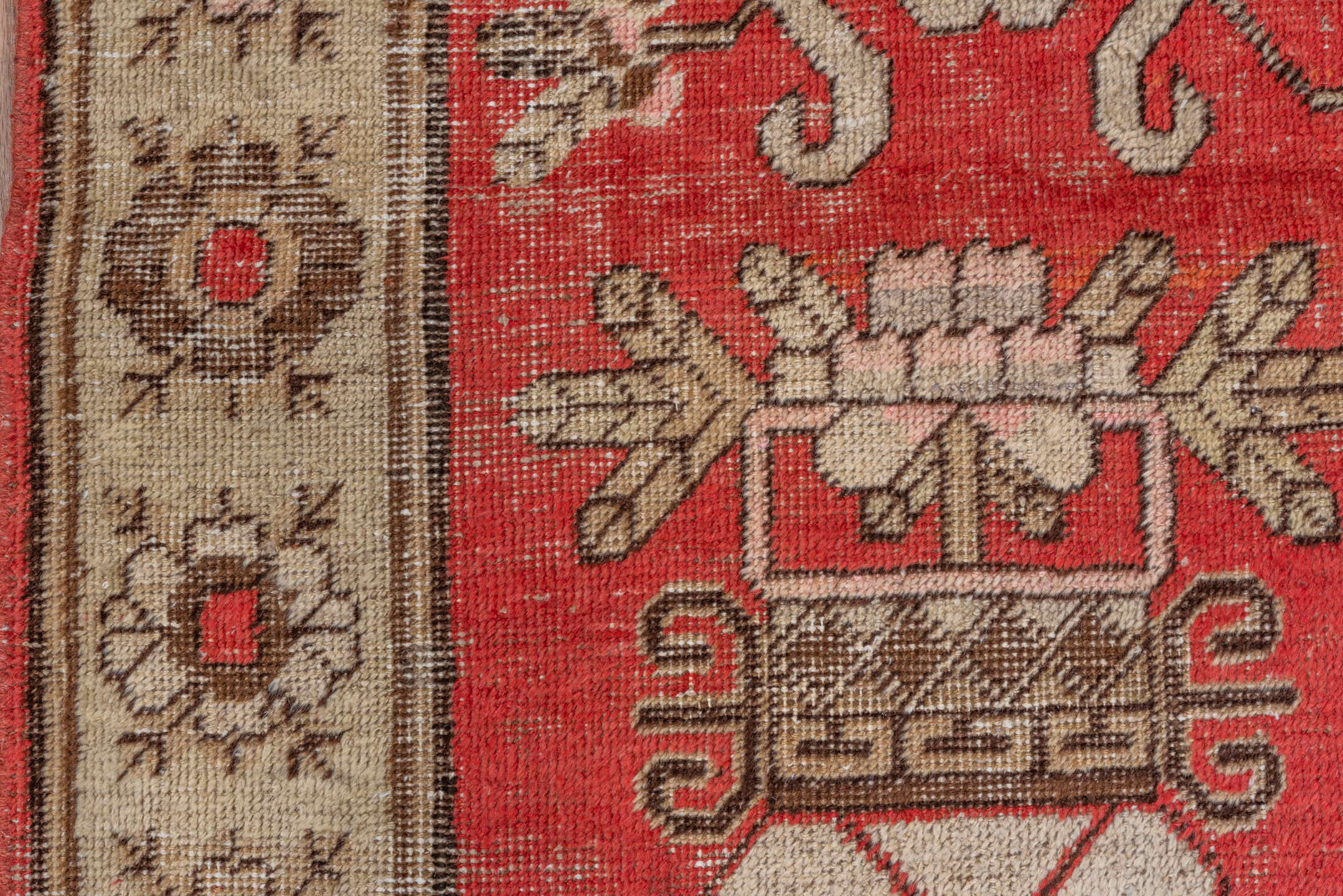 4' x 7' one-of-a-kind handmade antique Khotan rug. Color palette: coral, ivory, brown, rose, rust, taupe, terracotta, pink