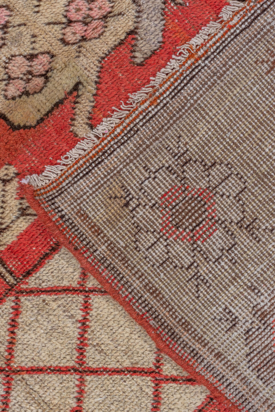 4' x 7' one-of-a-kind handmade antique Khotan rug. Color palette: coral, ivory, brown, rose, rust, taupe, terracotta, pink