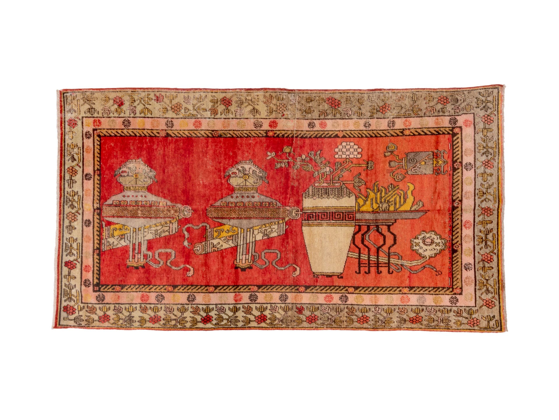 4' x 8' one-of-a-kind handmade antique Khotan rug. Color palette: red, ivory, camel, charcoal, coral, gold, taupe, rose