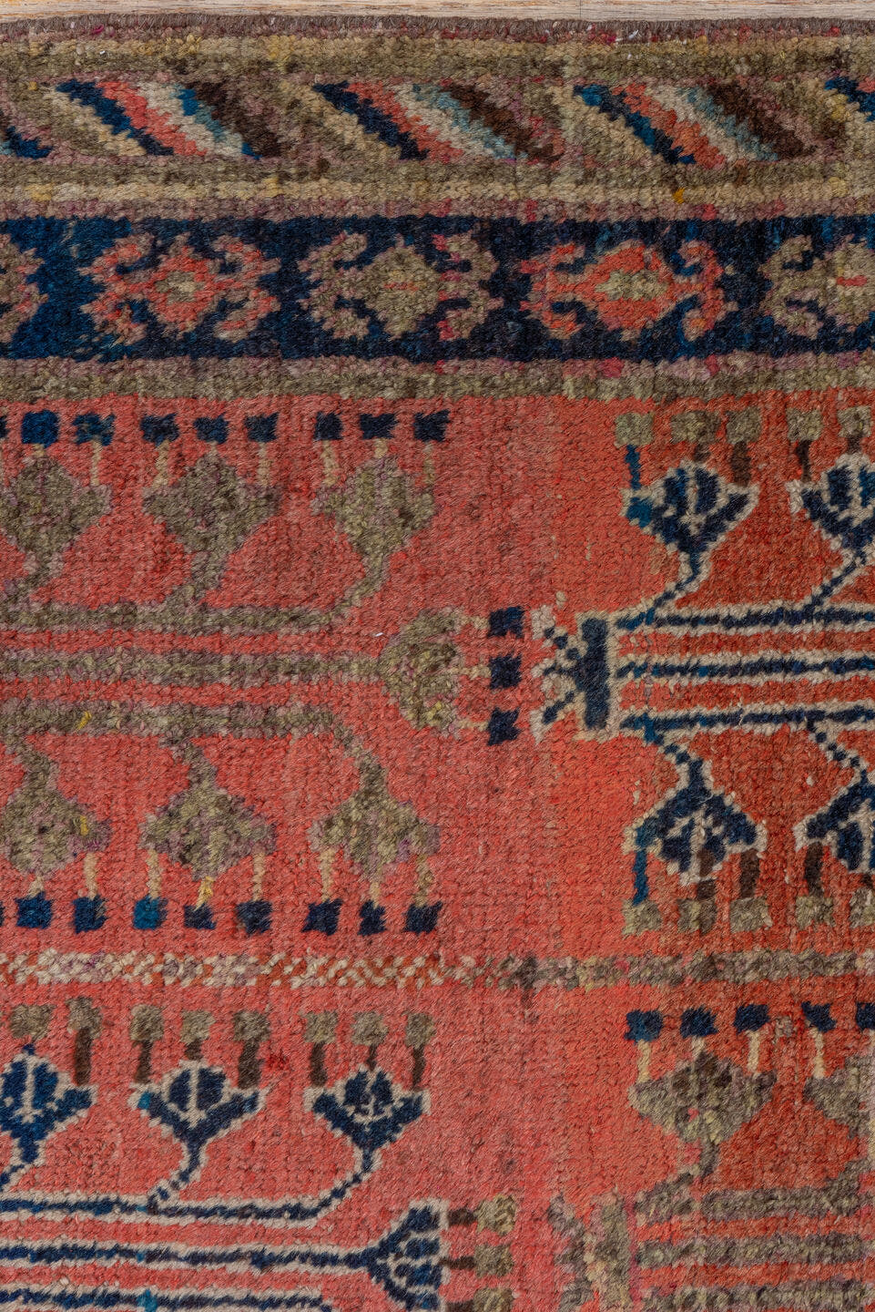 2' x 4' one-of-a-kind handmade antique Khotan small size rug. Color palette: coral, navy, camel, ivory, terra cotta, slate