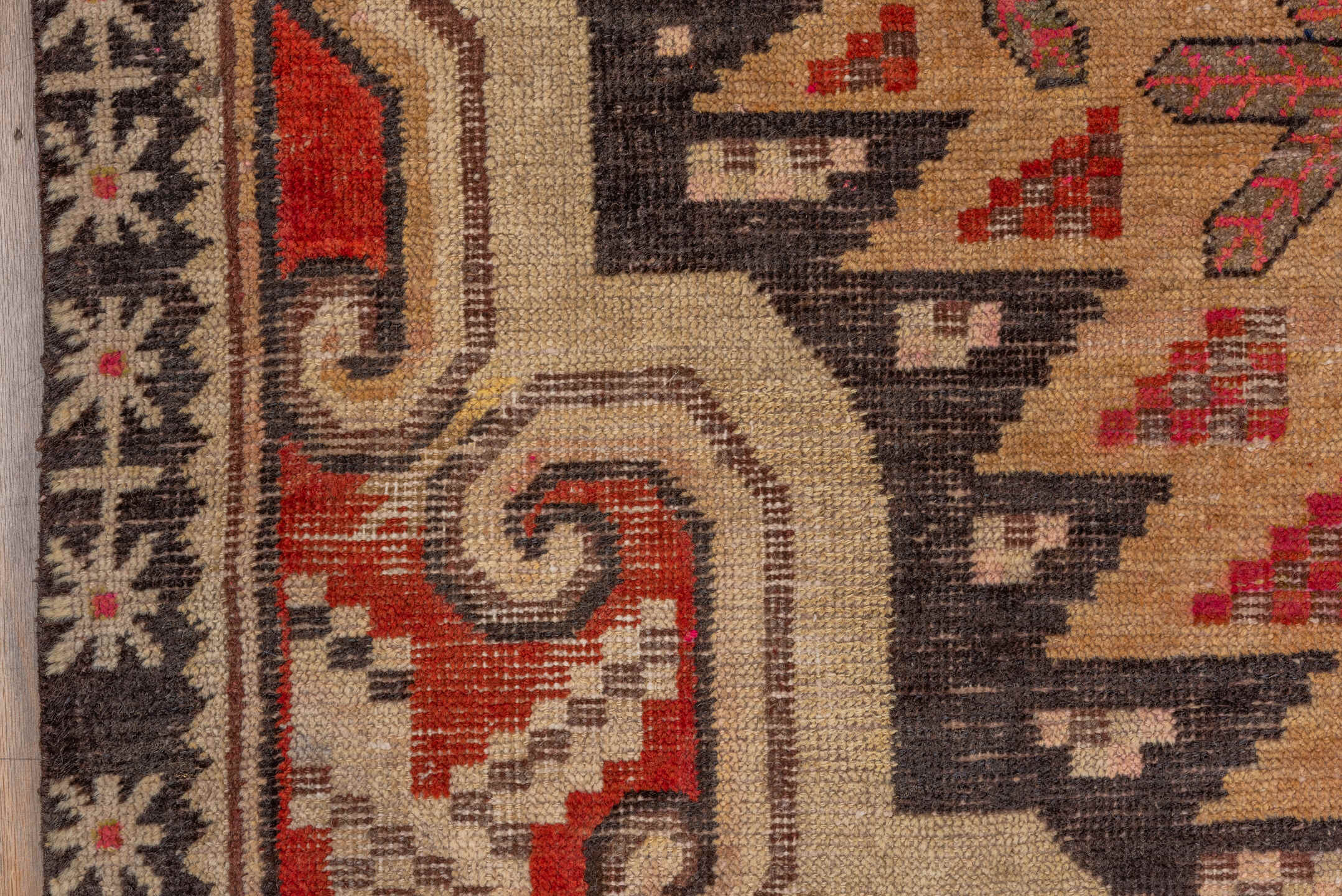 5' x 8' one-of-a-kind handmade antique Khotan medium size rug. Color palette: camel, rust, ivory, brown, terra cotta, taupe