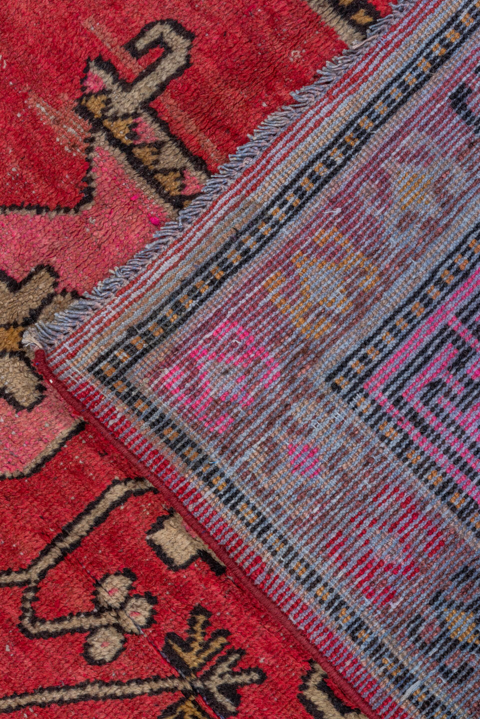 4' x 8' one-of-a-kind handmade antique Khotan rug. Color palette: raspberry, rose, taupe, ivory, charcoal, burgundy, camel