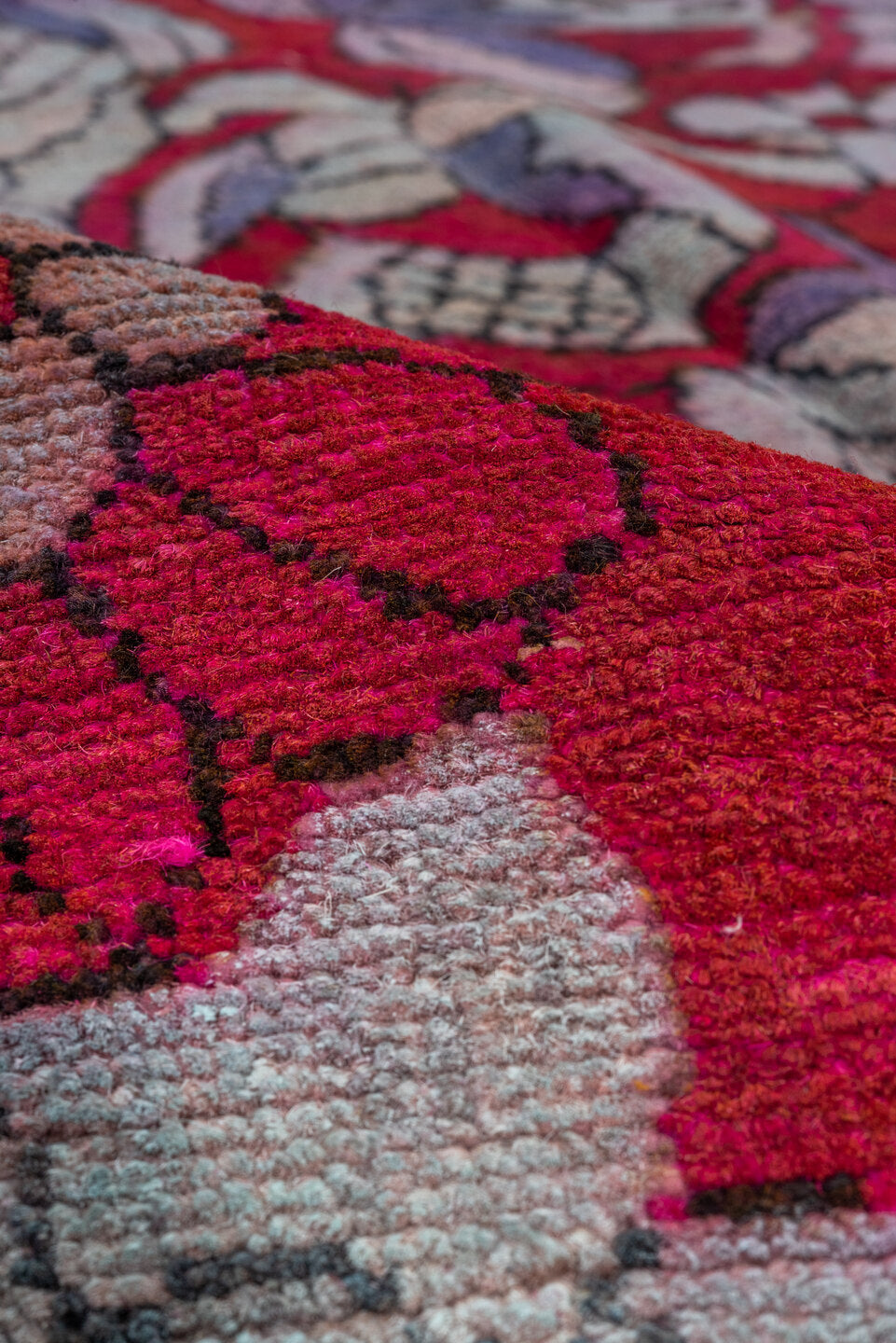 5' x 10' one-of-a-kind handmade vintage Khotan medium size rug. Color palette: blue, brown, gray, pink, red