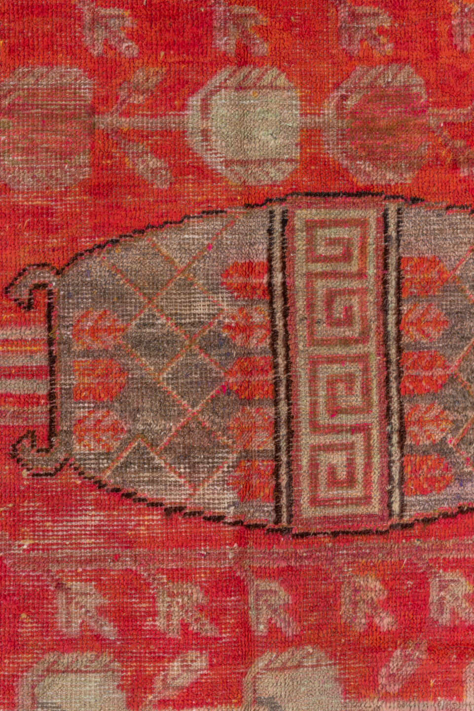 5' x 10' one-of-a-kind handmade vintage Khotan runner rug. Color palette: brown, fire brick, light coral, off-white, pink