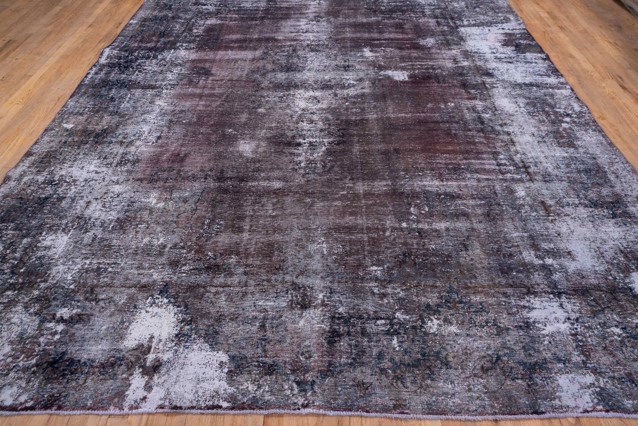 9' x 13' one-of-a-kind handmade vintage Distressed large size rug. Color palette: plum, charcoal, ivory, taupe, slate, rose