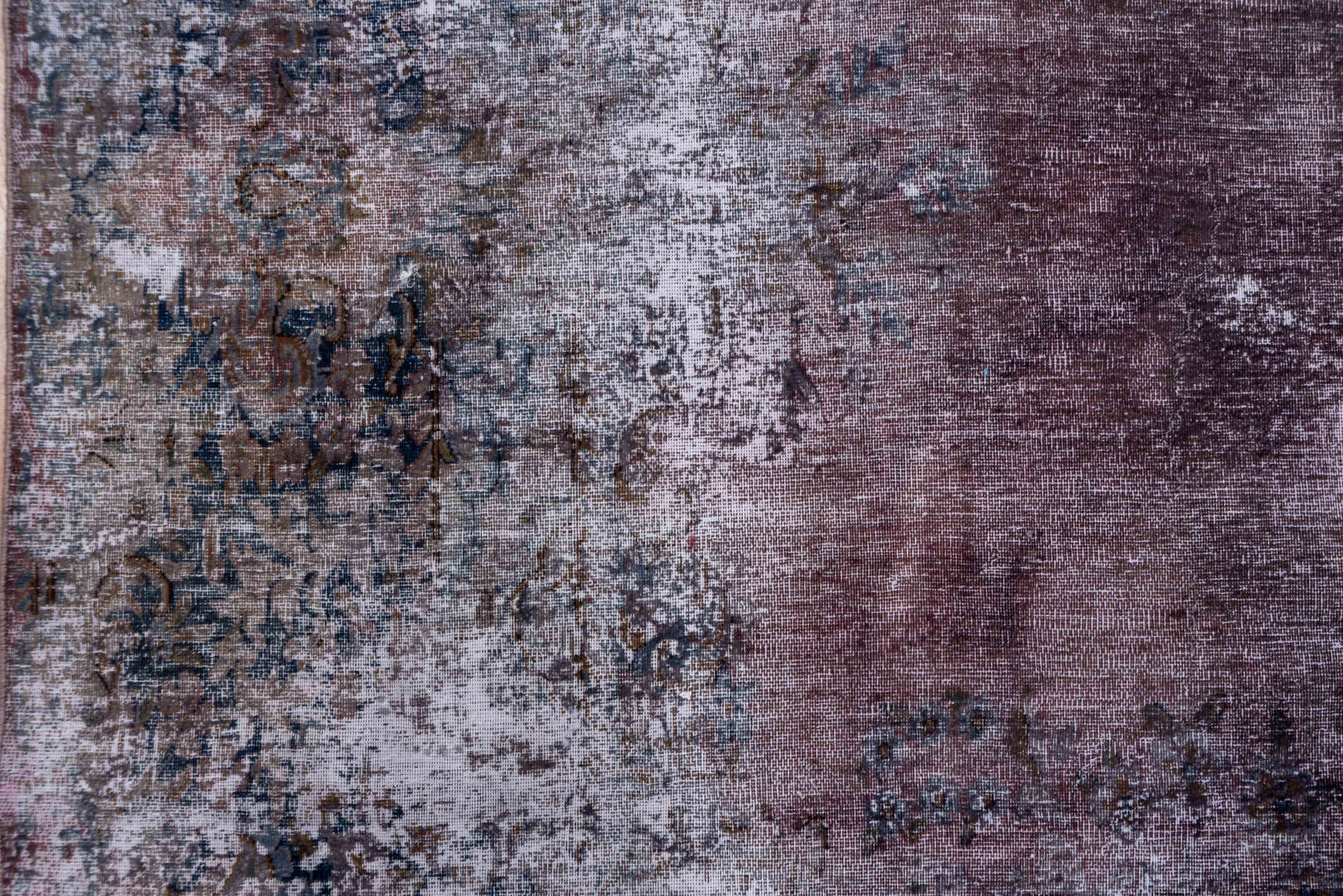 9' x 13' one-of-a-kind handmade vintage Distressed large size rug. Color palette: plum, charcoal, ivory, taupe, slate, rose