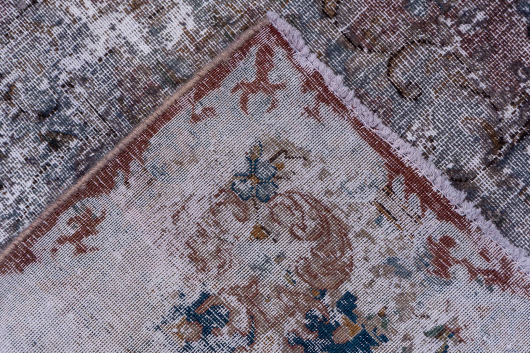9' x 13' one-of-a-kind handmade vintage Distressed large size rug. Color palette: plum, charcoal, ivory, taupe, slate, rose
