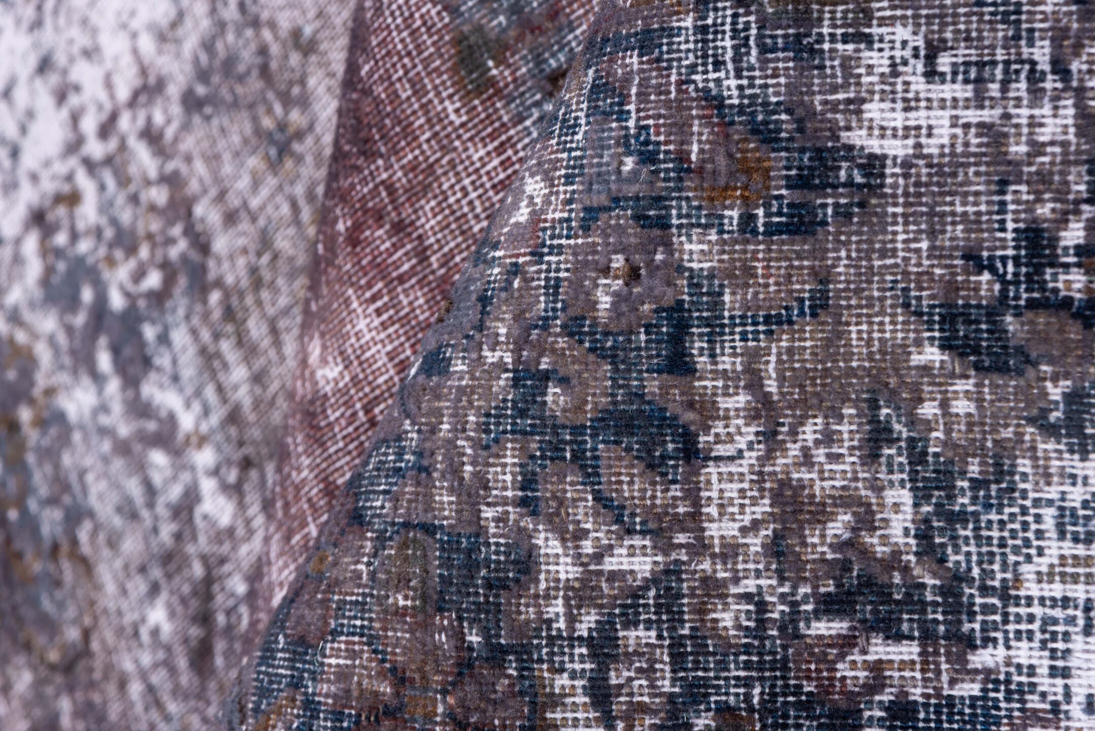 9' x 13' one-of-a-kind handmade vintage Distressed large size rug. Color palette: plum, charcoal, ivory, taupe, slate, rose