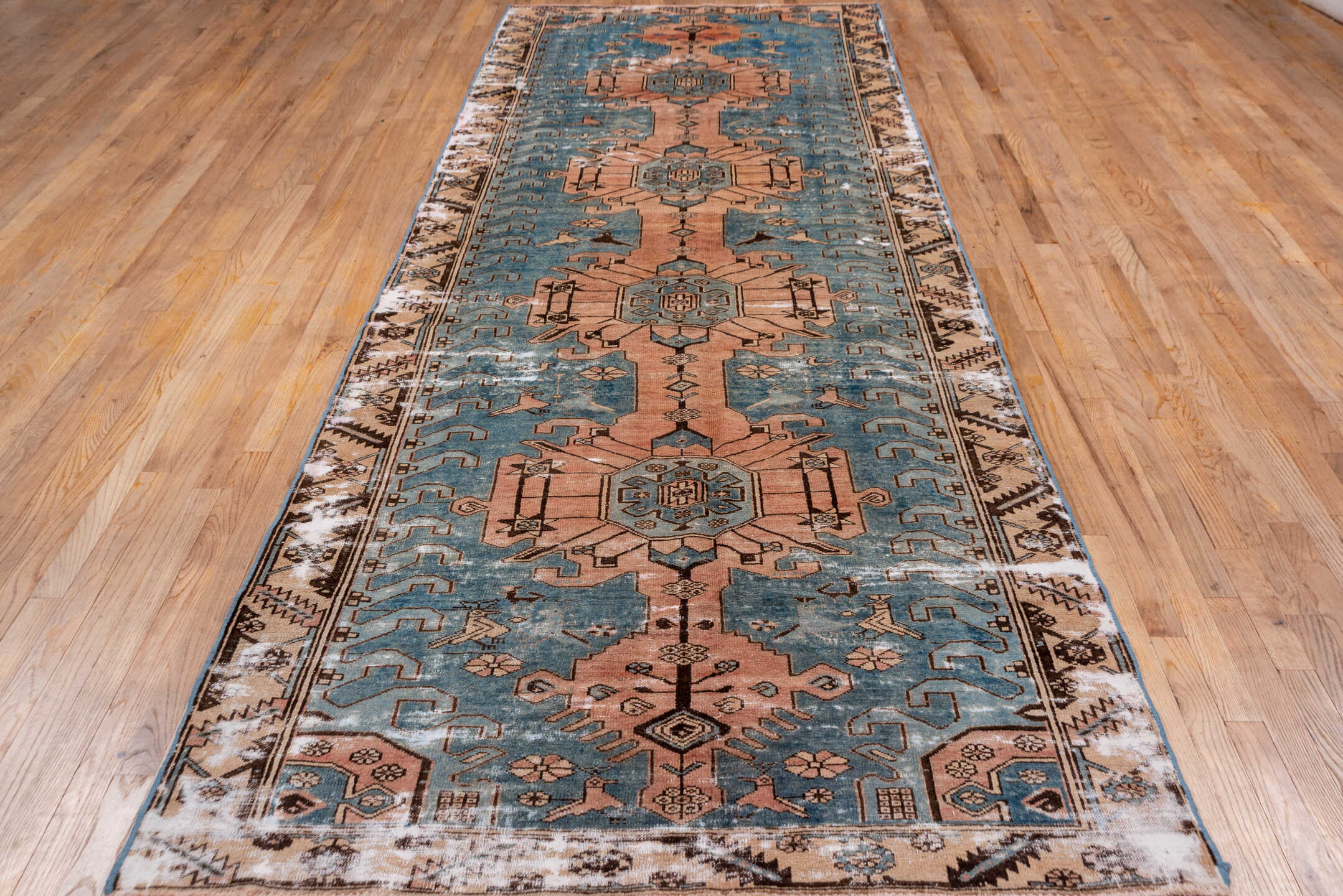 4' x 12' one-of-a-kind handmade vintage Distressed runner rug. Color palette: sky blue, blush, ivory, brown, taupe, charcoal