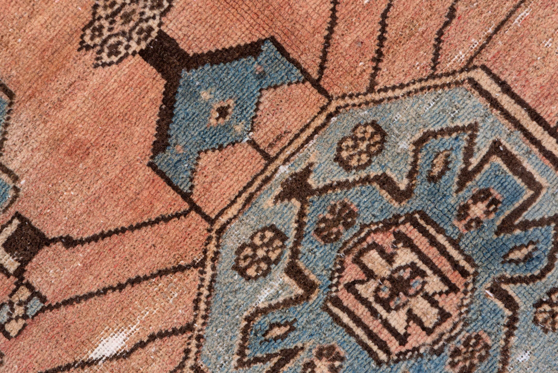 4' x 12' one-of-a-kind handmade vintage Distressed runner rug. Color palette: sky blue, blush, ivory, brown, taupe, charcoal