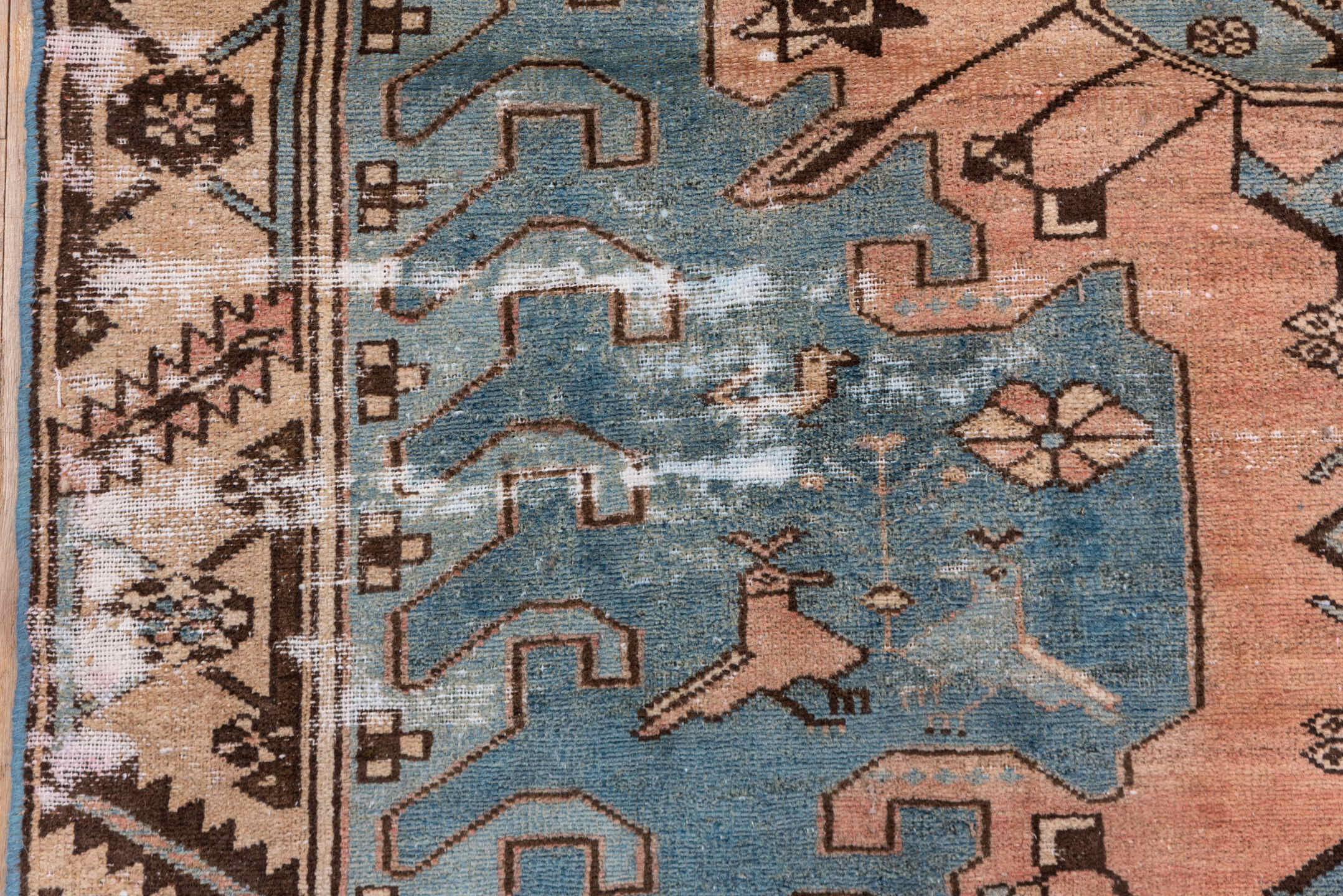4' x 12' one-of-a-kind handmade vintage Distressed runner rug. Color palette: sky blue, blush, ivory, brown, taupe, charcoal