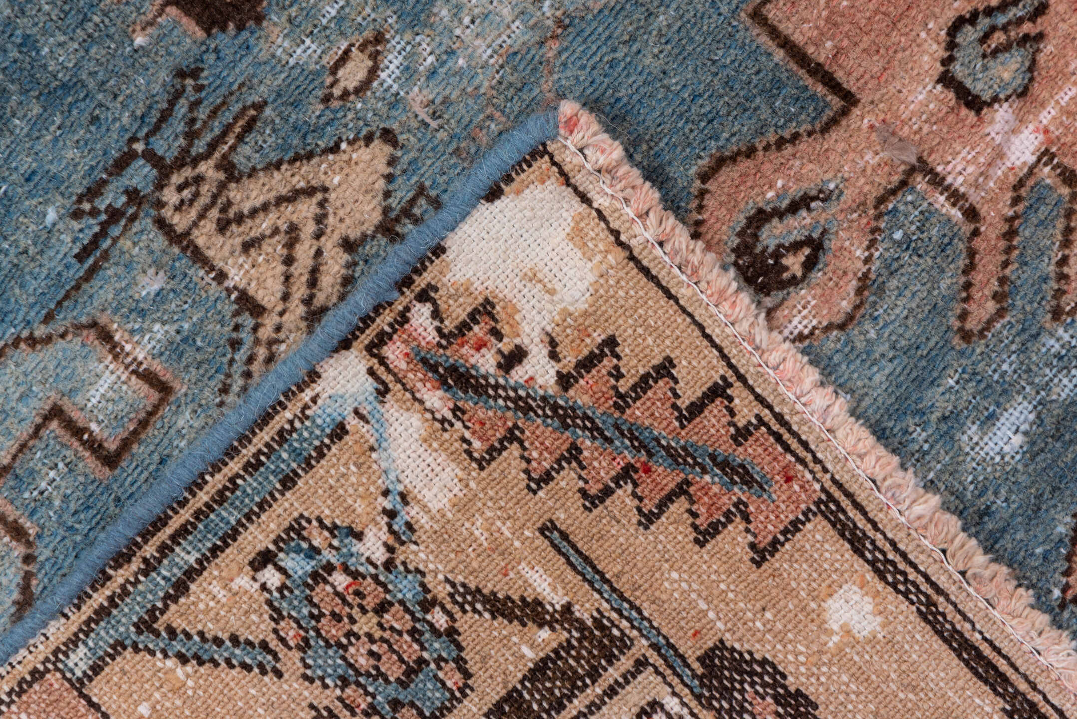 4' x 12' one-of-a-kind handmade vintage Distressed runner rug. Color palette: sky blue, blush, ivory, brown, taupe, charcoal