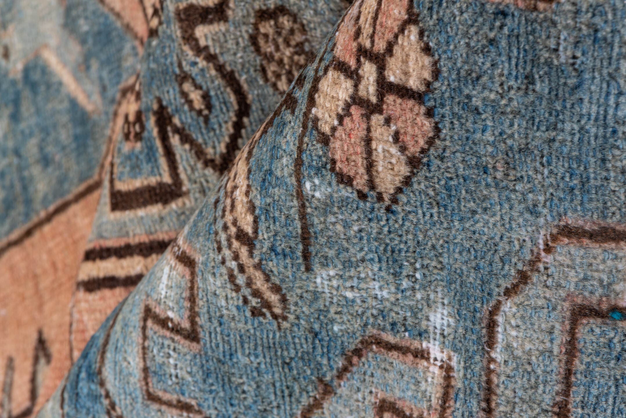 4' x 12' one-of-a-kind handmade vintage Distressed runner rug. Color palette: sky blue, blush, ivory, brown, taupe, charcoal