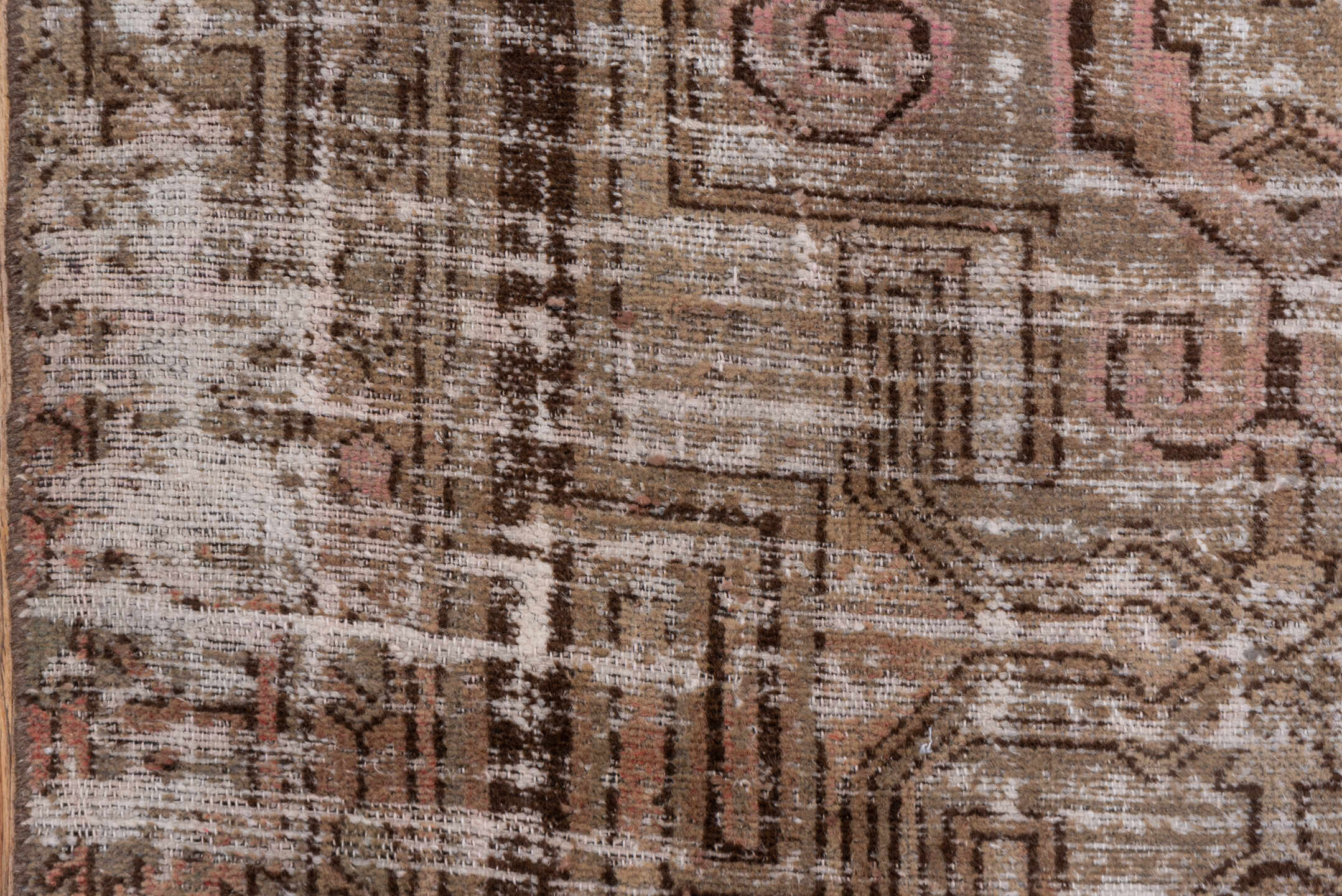 4' x 6' one-of-a-kind handmade vintage Distressed small size rug. Color palette: taupe, brown, ivory, blush, charcoal, beige
