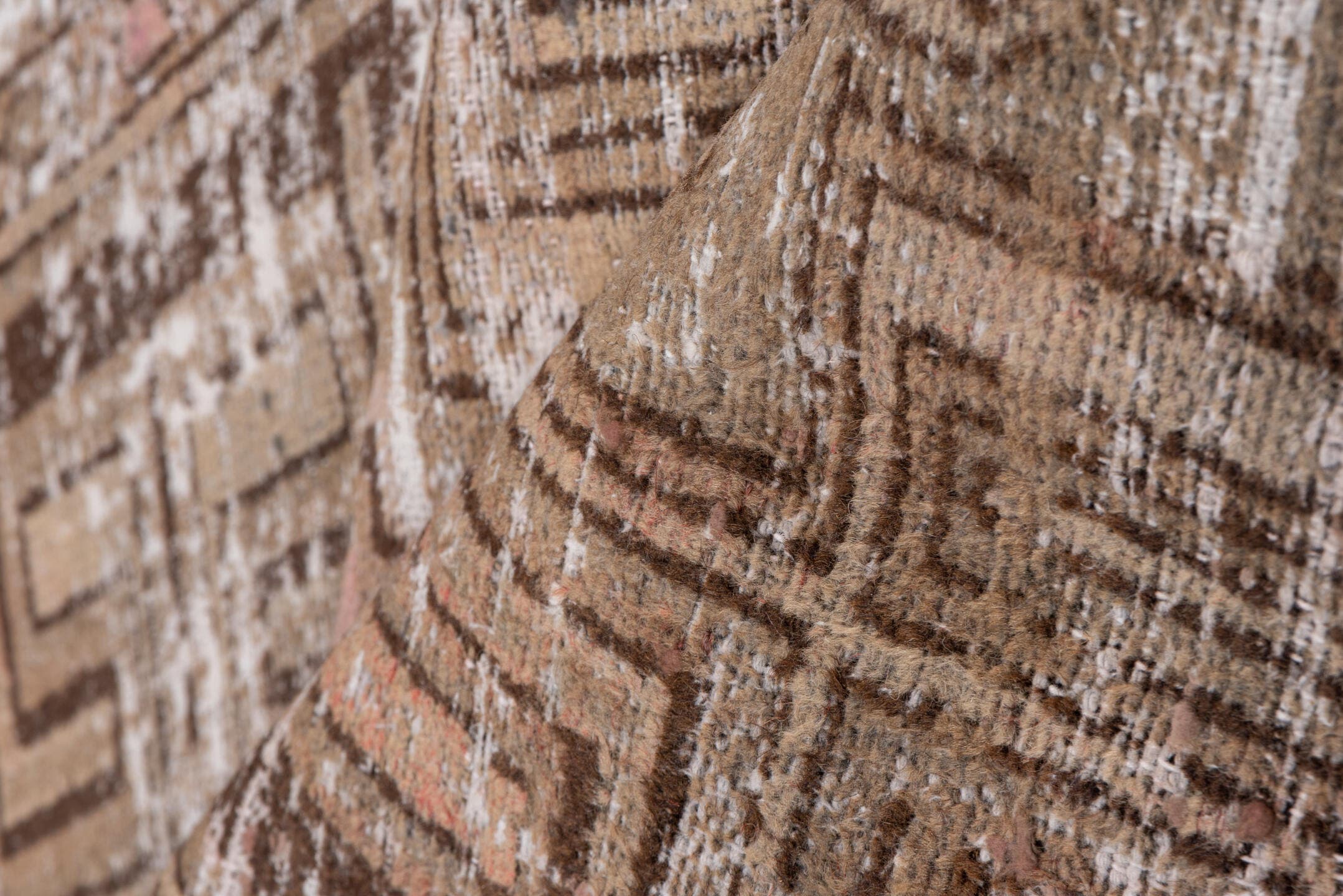 4' x 6' one-of-a-kind handmade vintage Distressed small size rug. Color palette: taupe, brown, ivory, blush, charcoal, beige