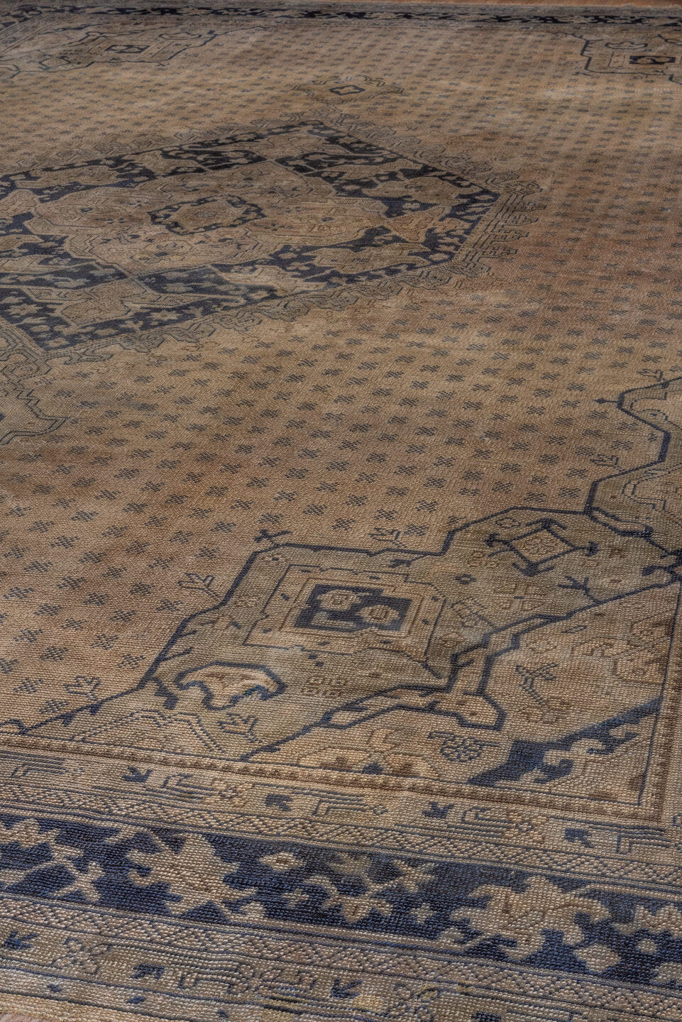 13' x 18' one-of-a-kind handmade antique Oushak oversize rug. Color palette: ivory, indigo, taupe, slate, beige, purple