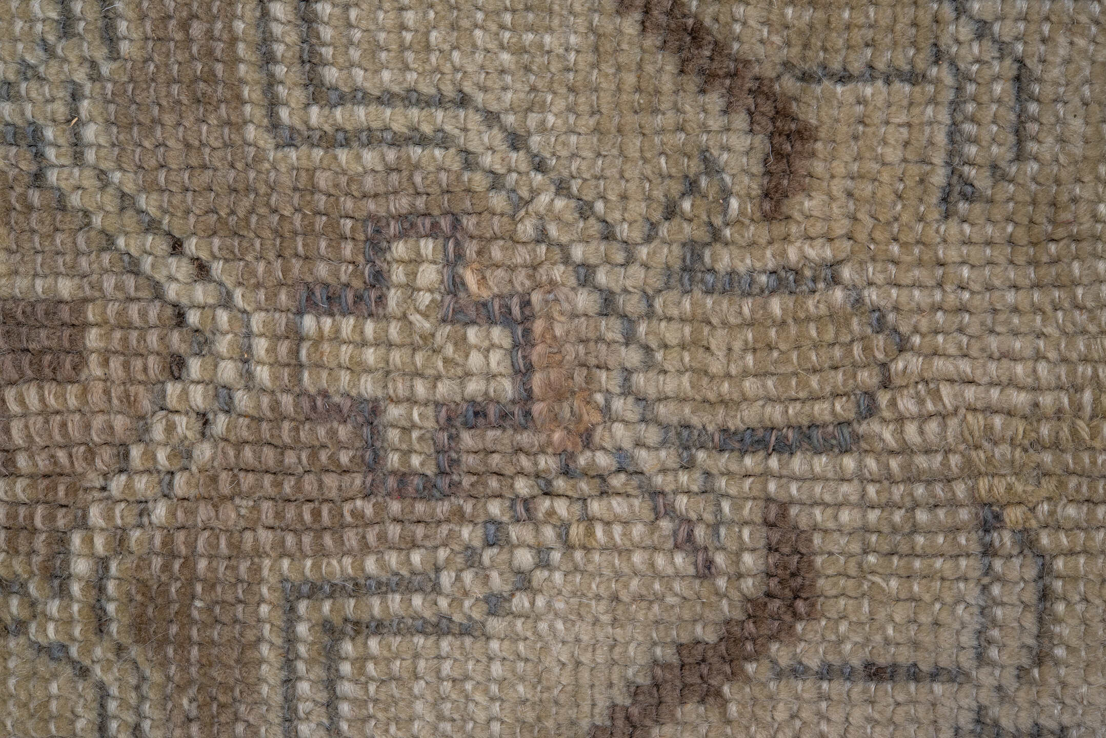 9' x 12' one-of-a-kind handmade antique Oushak large size rug. Color palette: ivory, taupe, beige, brown, pale blue, camel