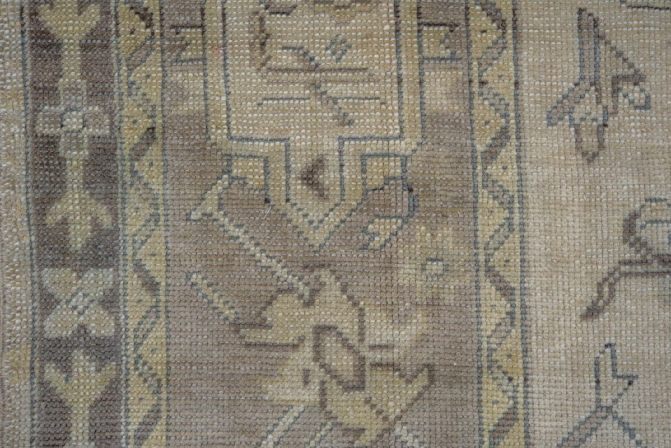 9' x 12' one-of-a-kind handmade antique Oushak large size rug. Color palette: ivory, taupe, beige, brown, pale blue, camel