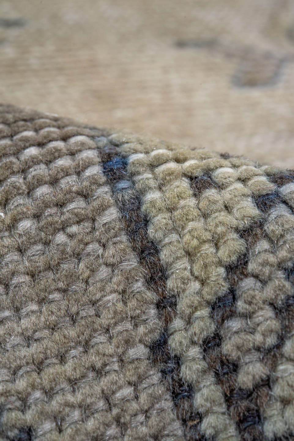 9' x 12' one-of-a-kind handmade antique Oushak large size rug. Color palette: ivory, taupe, beige, brown, pale blue, camel