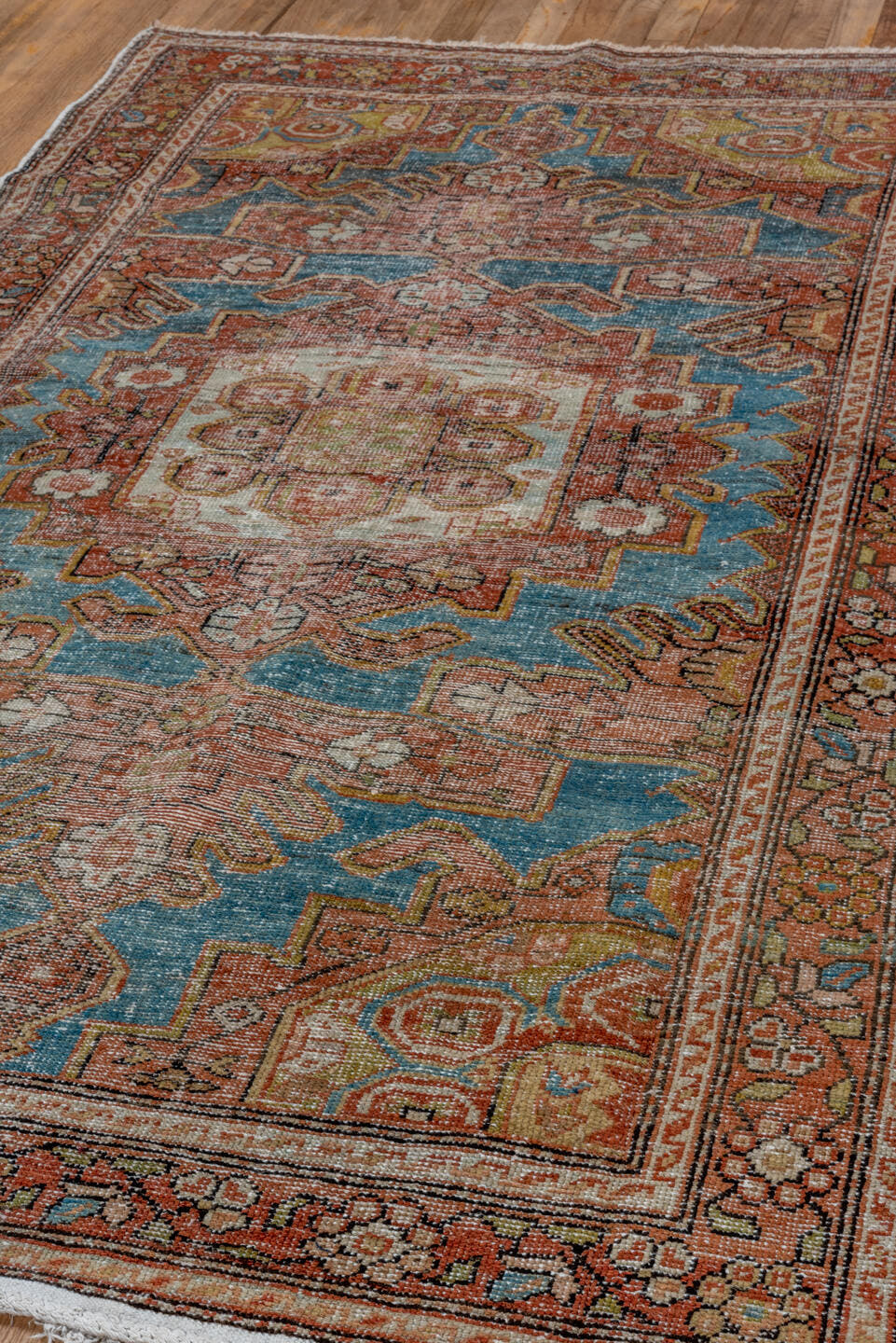 4' x 6' one-of-a-kind handmade antique Veece small size rug. Color palette: sky blue, terra cotta, ivory, rust, soft gold