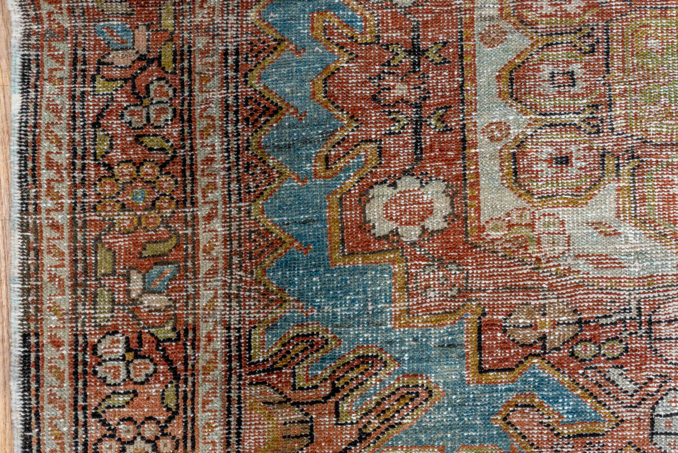 4' x 6' one-of-a-kind handmade antique Veece small size rug. Color palette: sky blue, terra cotta, ivory, rust, soft gold