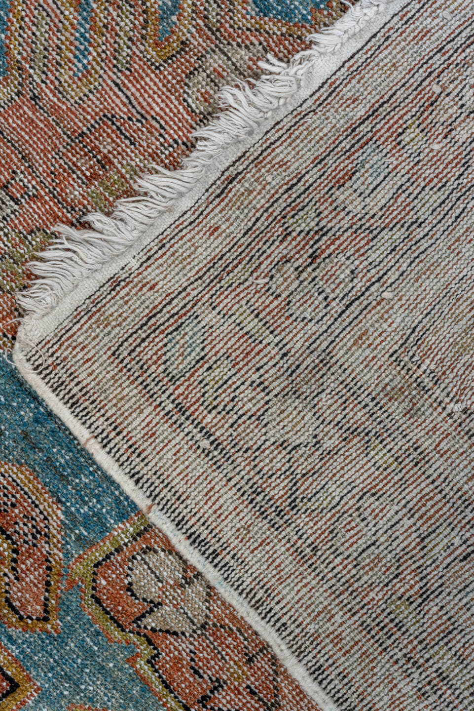 4' x 6' one-of-a-kind handmade antique Veece small size rug. Color palette: sky blue, terra cotta, ivory, rust, soft gold