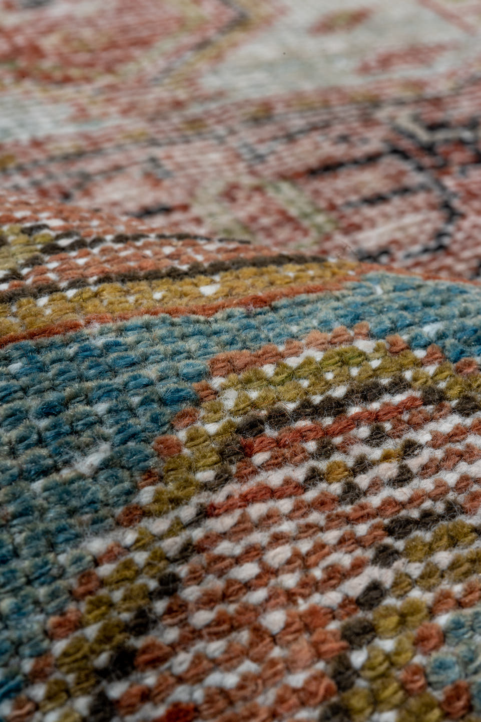 4' x 6' one-of-a-kind handmade antique Veece small size rug. Color palette: sky blue, terra cotta, ivory, rust, soft gold