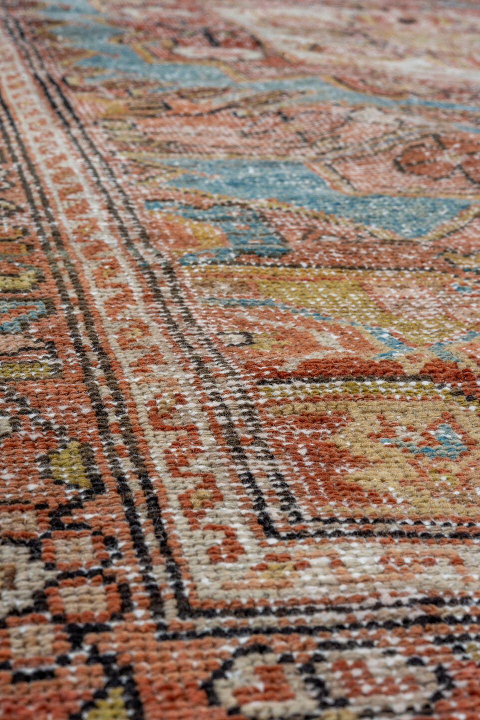 4' x 6' one-of-a-kind handmade antique Veece small size rug. Color palette: sky blue, terra cotta, ivory, rust, soft gold