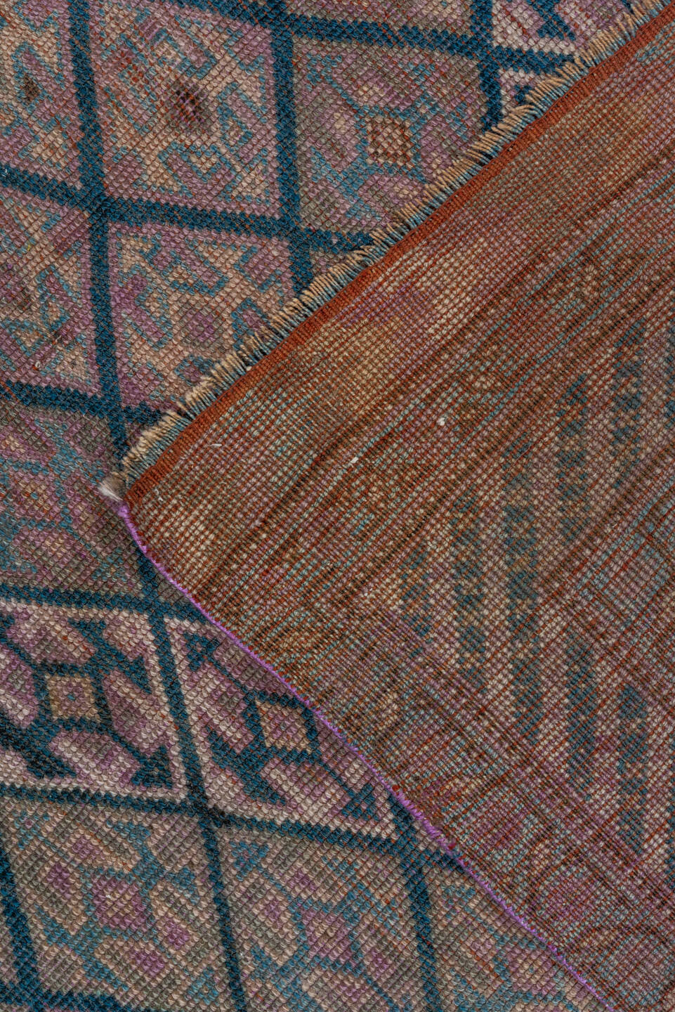 4' x 7' one-of-a-kind handmade antique Qashqai rug. Color palette: taupe, indigo, mauve, dusty rose, ivory, slate, camel
