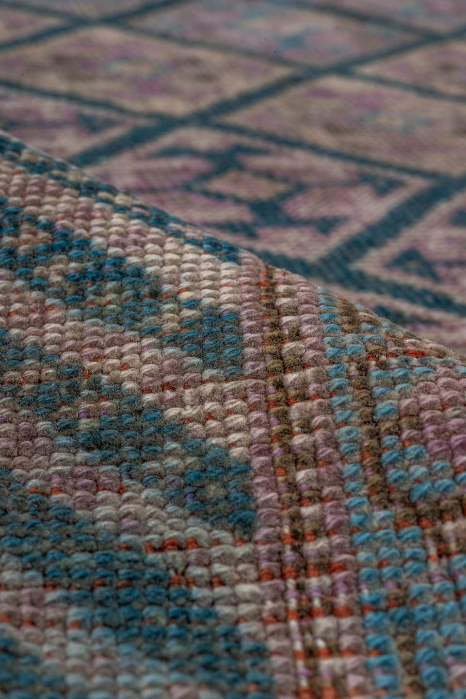 4' x 7' one-of-a-kind handmade antique Qashqai rug. Color palette: taupe, indigo, mauve, dusty rose, ivory, slate, camel
