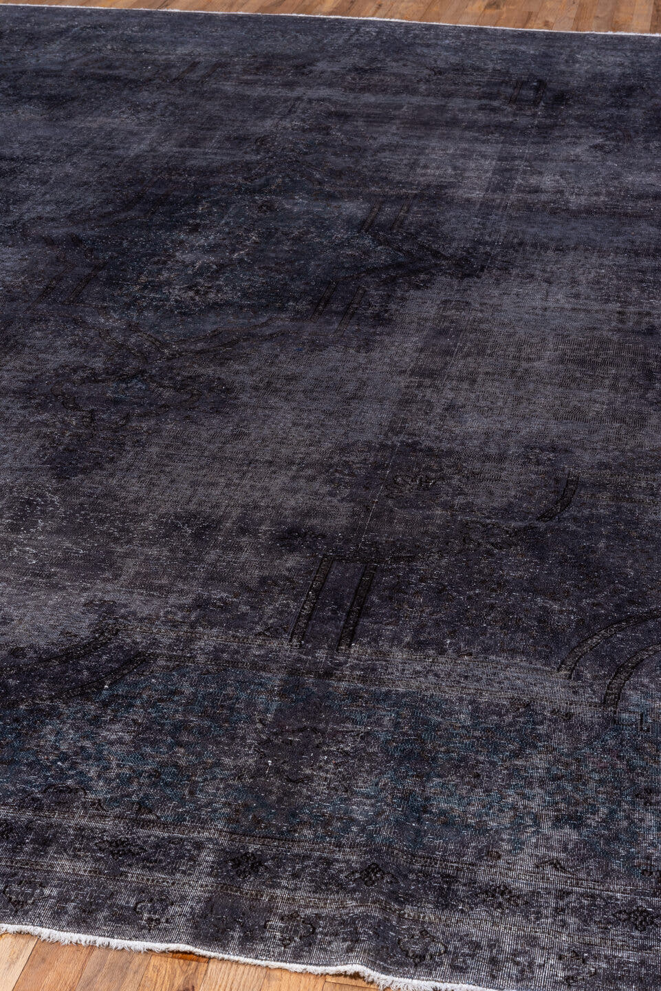 10' x 12' one-of-a-kind handmade antique Overdyed large size rug. Color palette: charcoal, indigo, slate, teal, ink, blue
