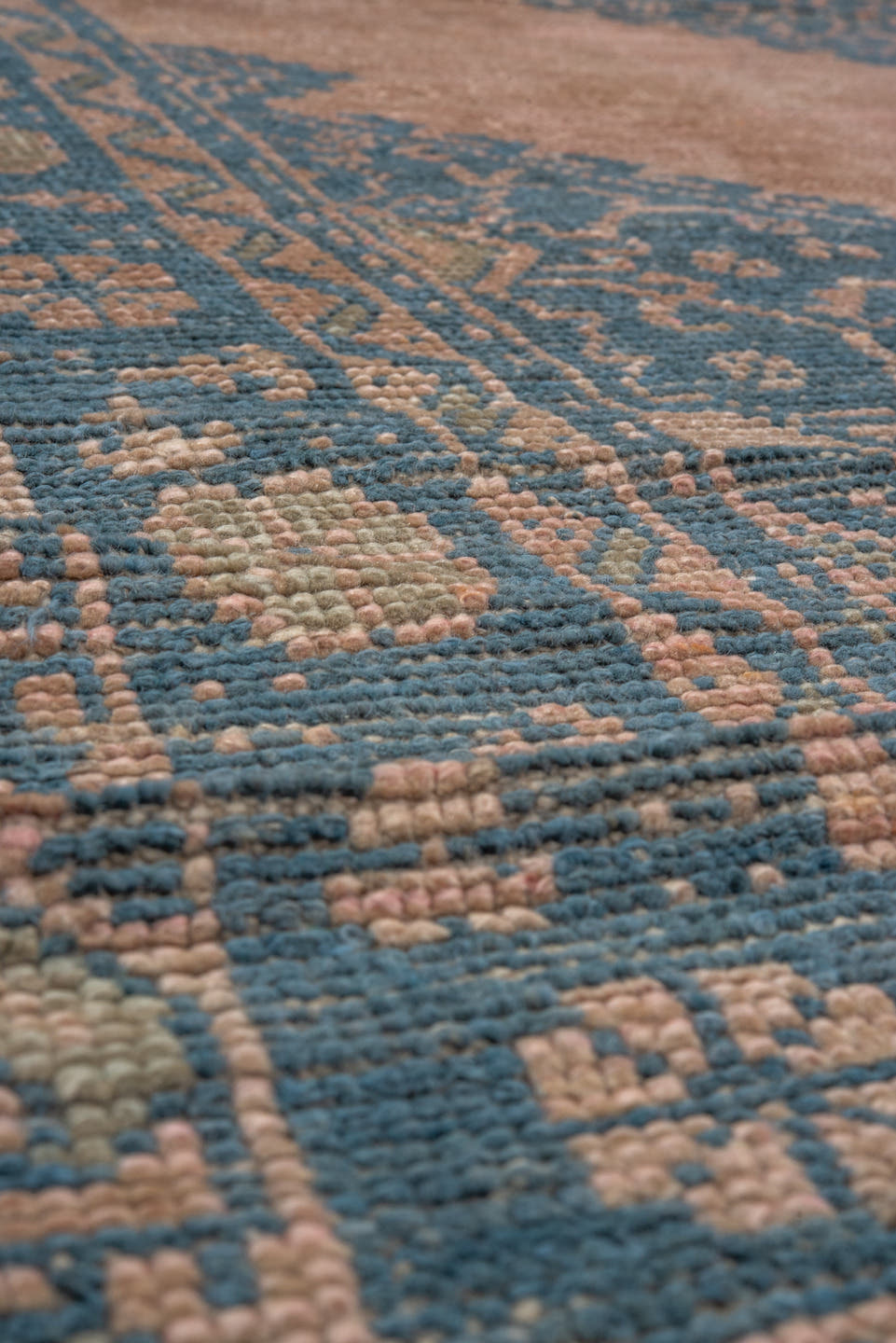 6' x 8' one-of-a-kind handmade antique Oushak medium size rug. Color palette: blush, blue, taupe, ivory, pink, beige, gray