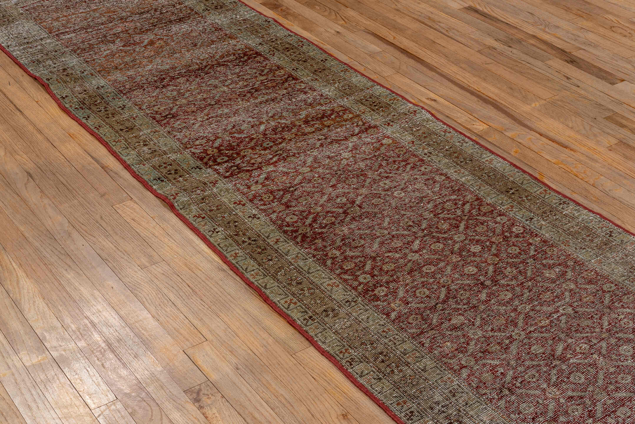 2' x 10' one-of-a-kind handmade vintage NW Persian runner rug. Color palette: brown, gray, light gray, off-white, pink