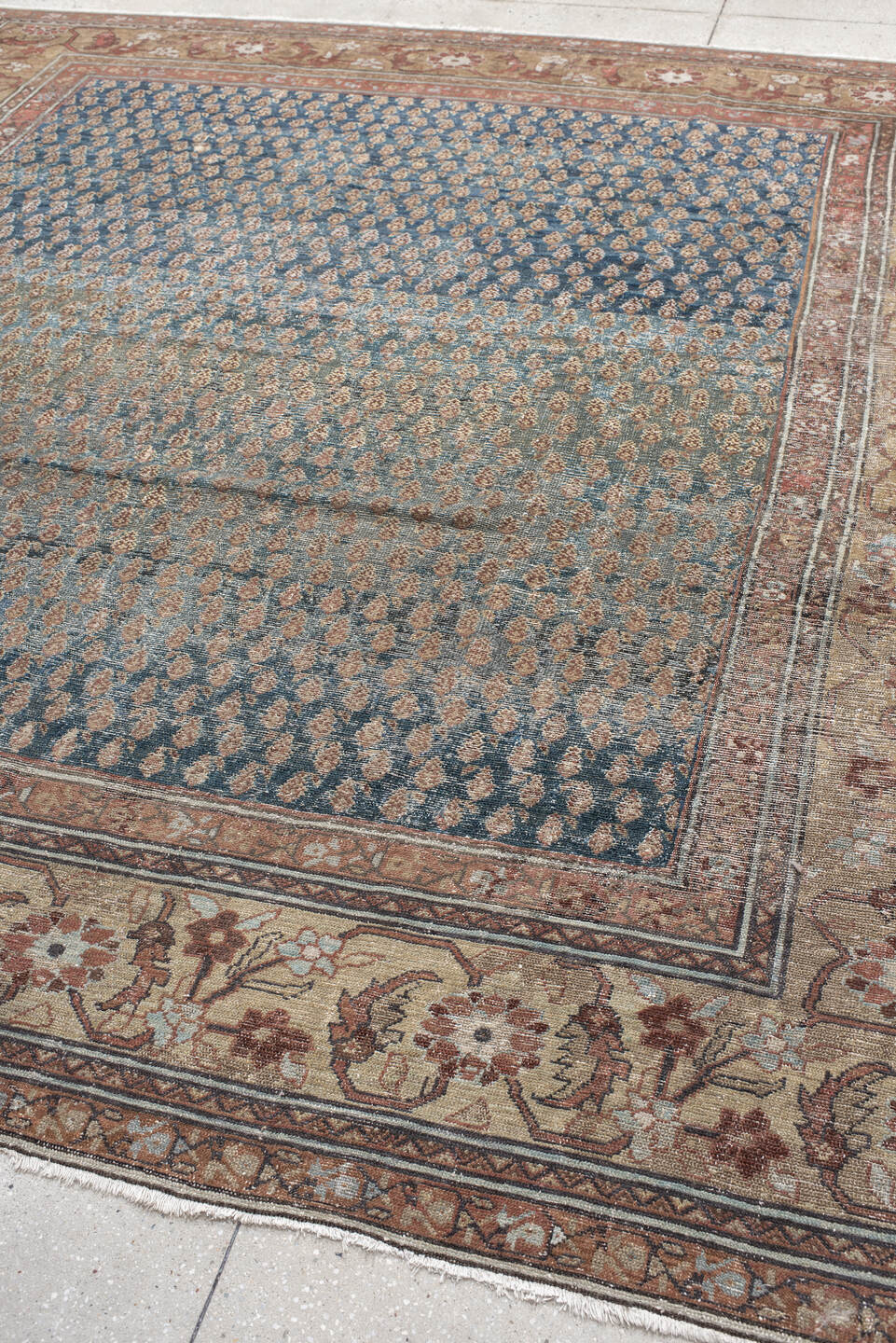 9' x 10' one-of-a-kind handmade vintage Mahal large size rug. Color palette: blue, ivory, rust, taupe, rose, brown