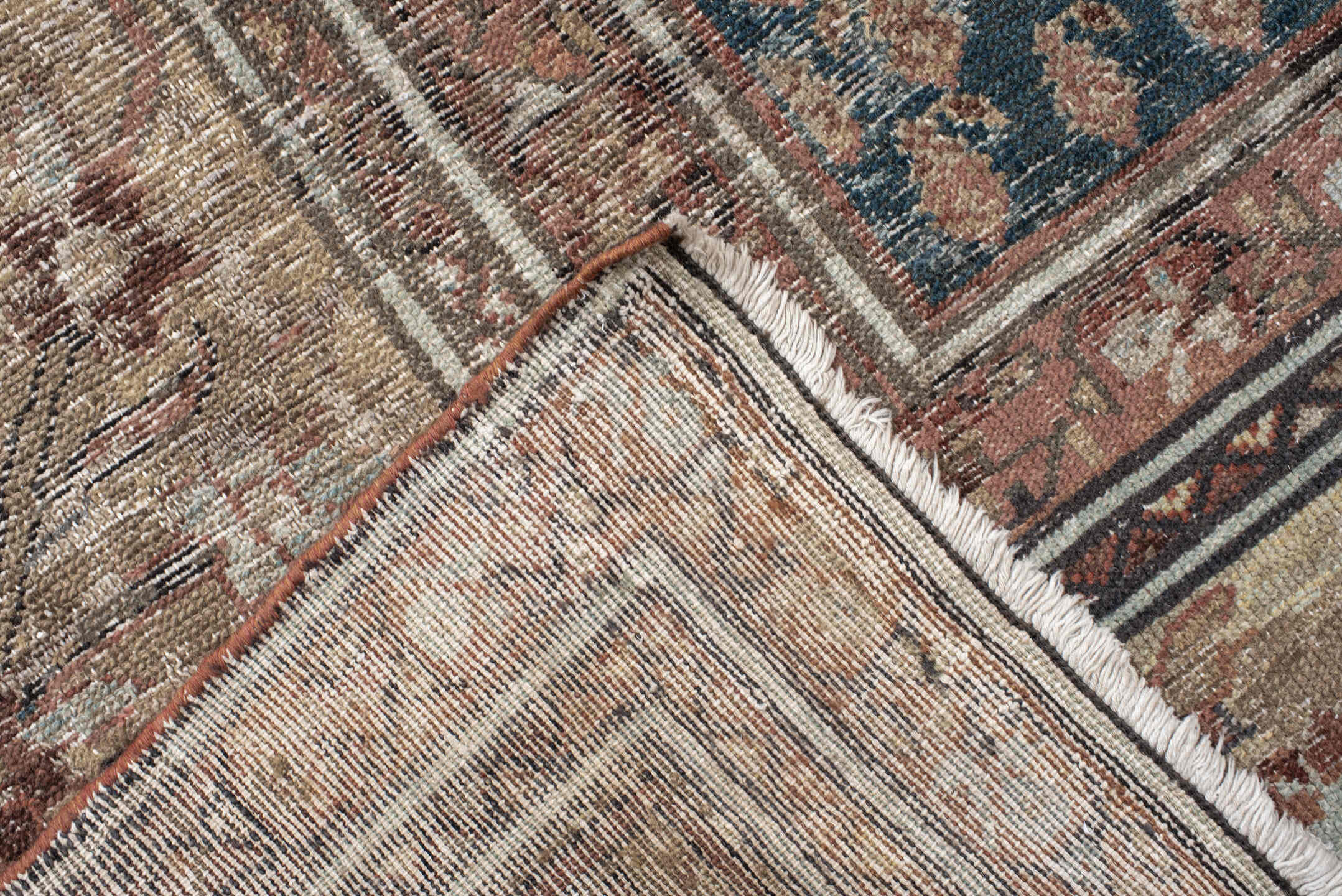 9' x 10' one-of-a-kind handmade vintage Mahal large size rug. Color palette: blue, ivory, rust, taupe, rose, brown