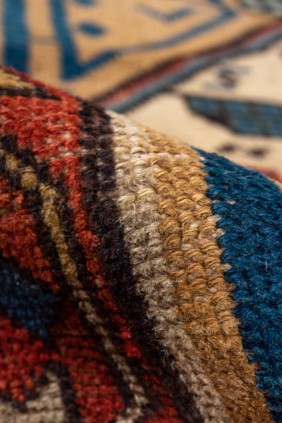 3' x 10' one-of-a-kind handmade antique Sarab runner rug. Color palette: camel, indigo, ivory, rust, terra cotta, navy