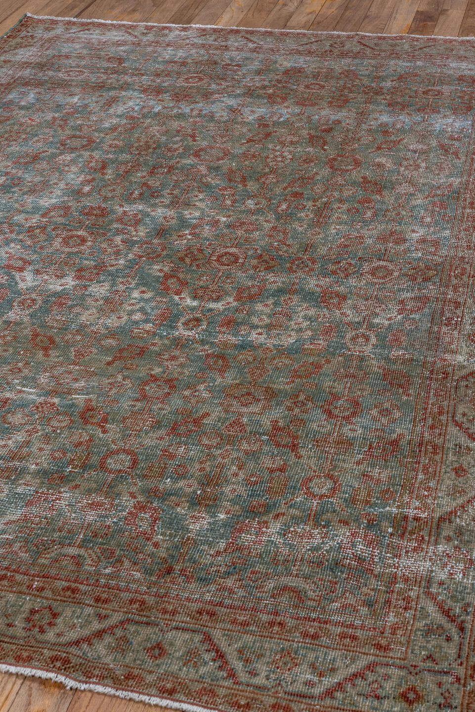4' x 6' one-of-a-kind handmade antique Farahan small size rug. Color palette: pale blue, rust, ivory, taupe, sage
