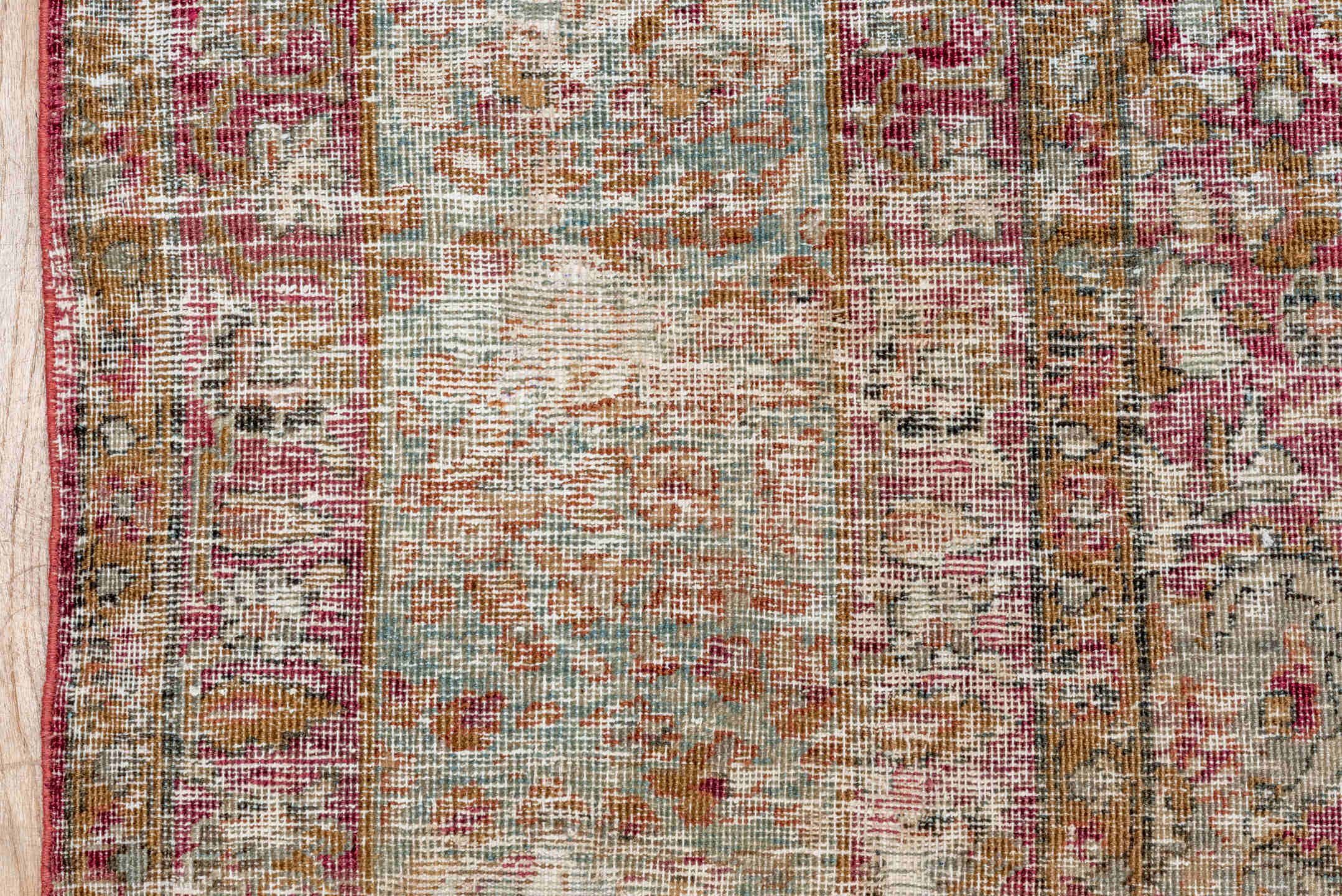 9' x 13' one-of-a-kind handmade antique Lavar large size rug. Color palette: rose, ivory, taupe, terra cotta, dusty pink