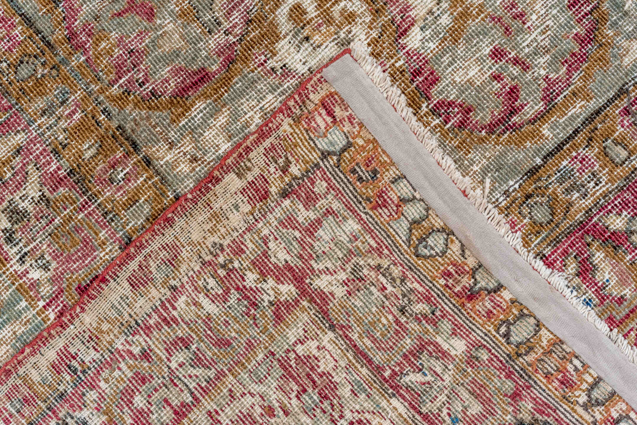 9' x 13' one-of-a-kind handmade vintage Lavar large size rug. Color palette: brown, gray, light gray, off-white, pink, red