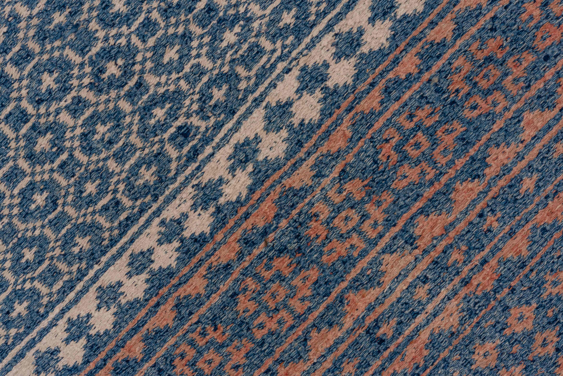 10' x 17' one-of-a-kind handmade antique Kilim rug. Color palette: blue, rose, ivory, pink, red