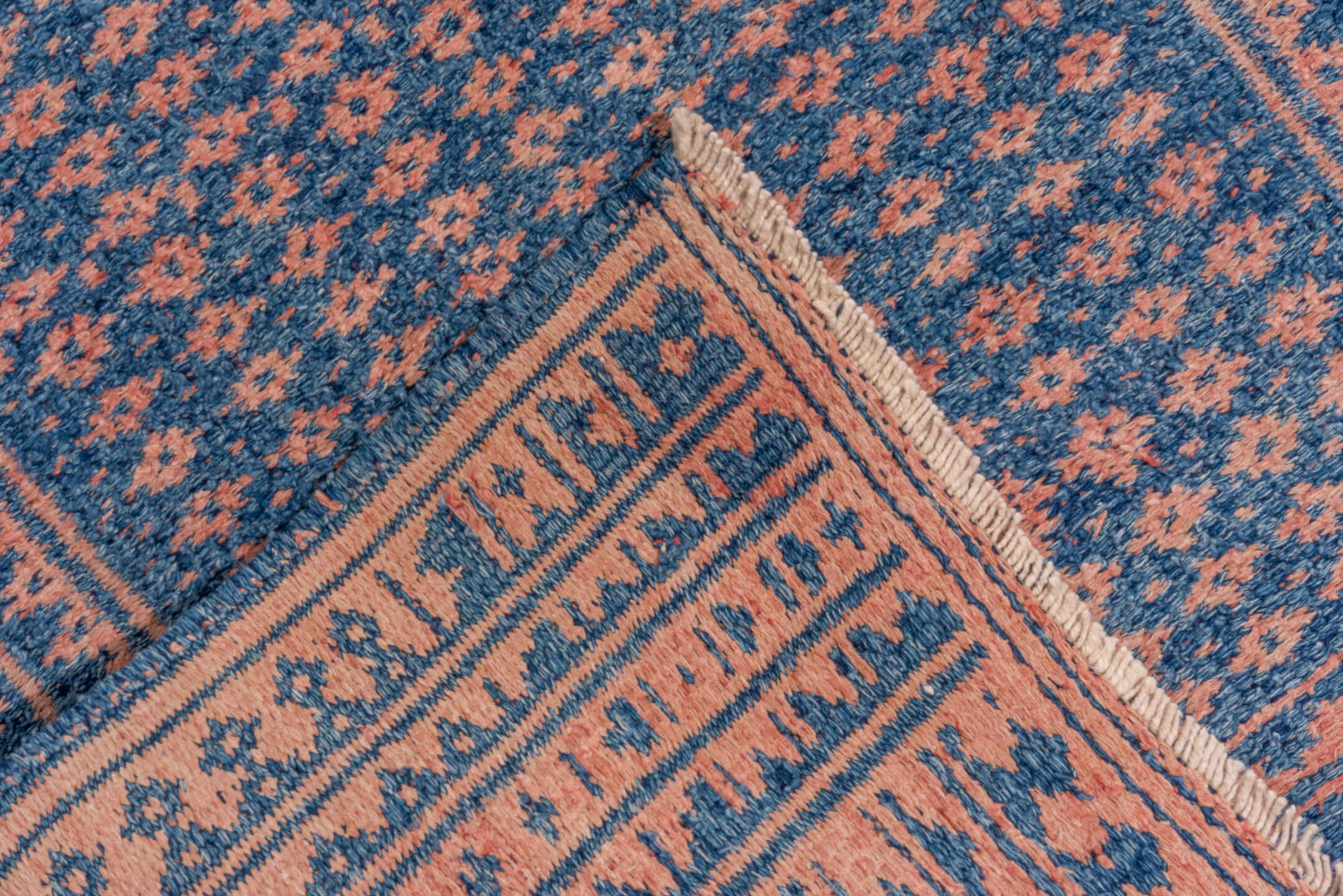 10' x 17' one-of-a-kind handmade antique Kilim rug. Color palette: blue, rose, ivory, pink, red