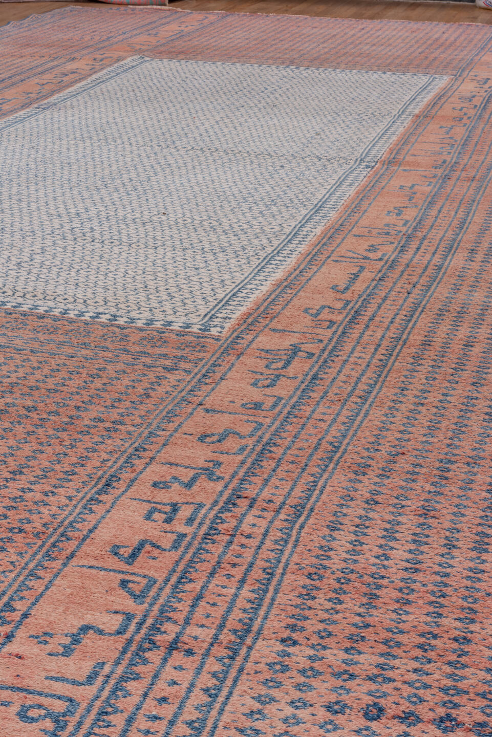 10' x 17' one-of-a-kind handmade antique Kilim rug. Color palette: blue, rose, ivory, pink, red