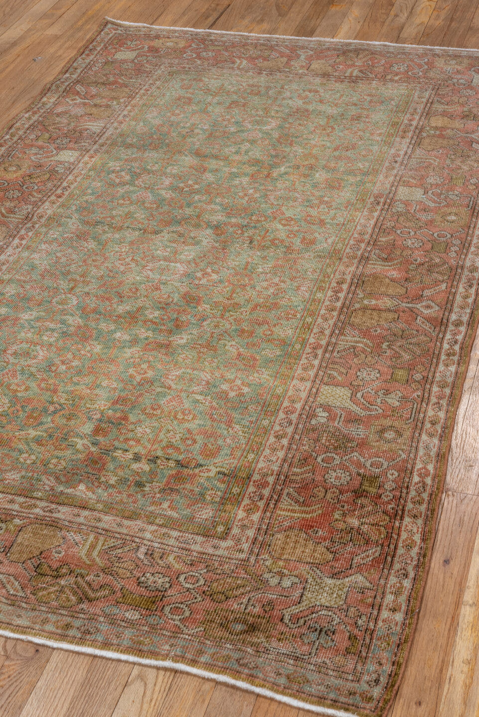 4' x 6' one-of-a-kind handmade antique Farahan small size rug. Color palette: seafoam, terra cotta, ivory, sage, rose, taupe